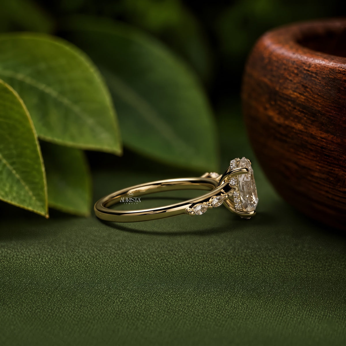 Oval Cut Side Stone Engagement Ring Lab Grown in Diamond Gold Fine Jewelry