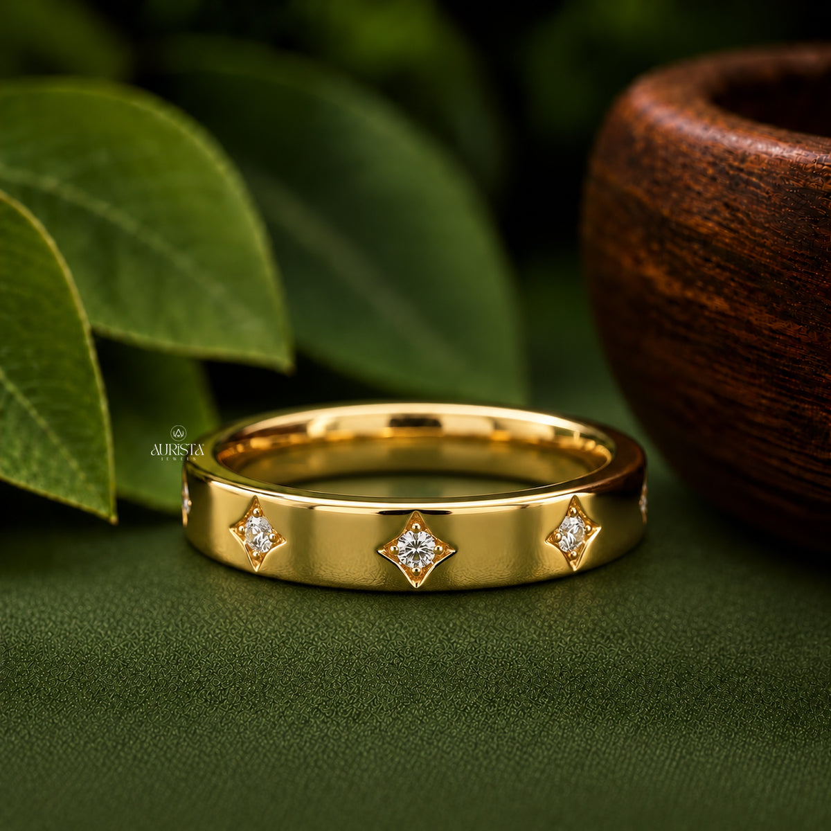 Lab Grown Diamond Star Set Band, Yellow Gold Stacking Ring Diamond Wedding Band