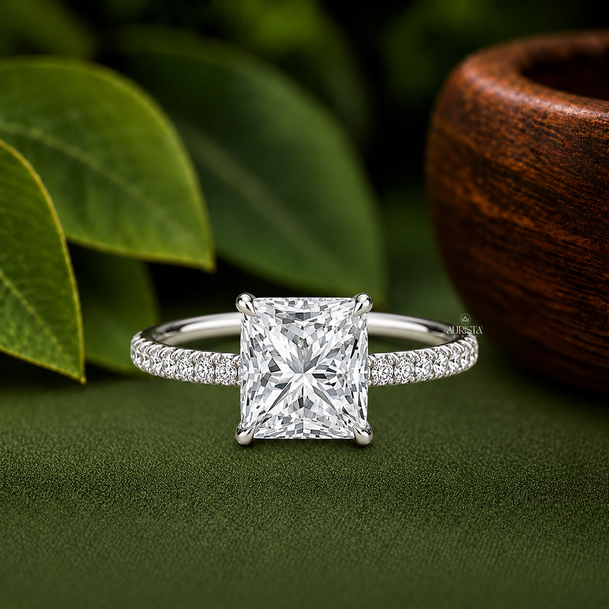 Princess Cut Lab Grown Diamond Hidden Halo Ring, Pave Band Fine Jewelry