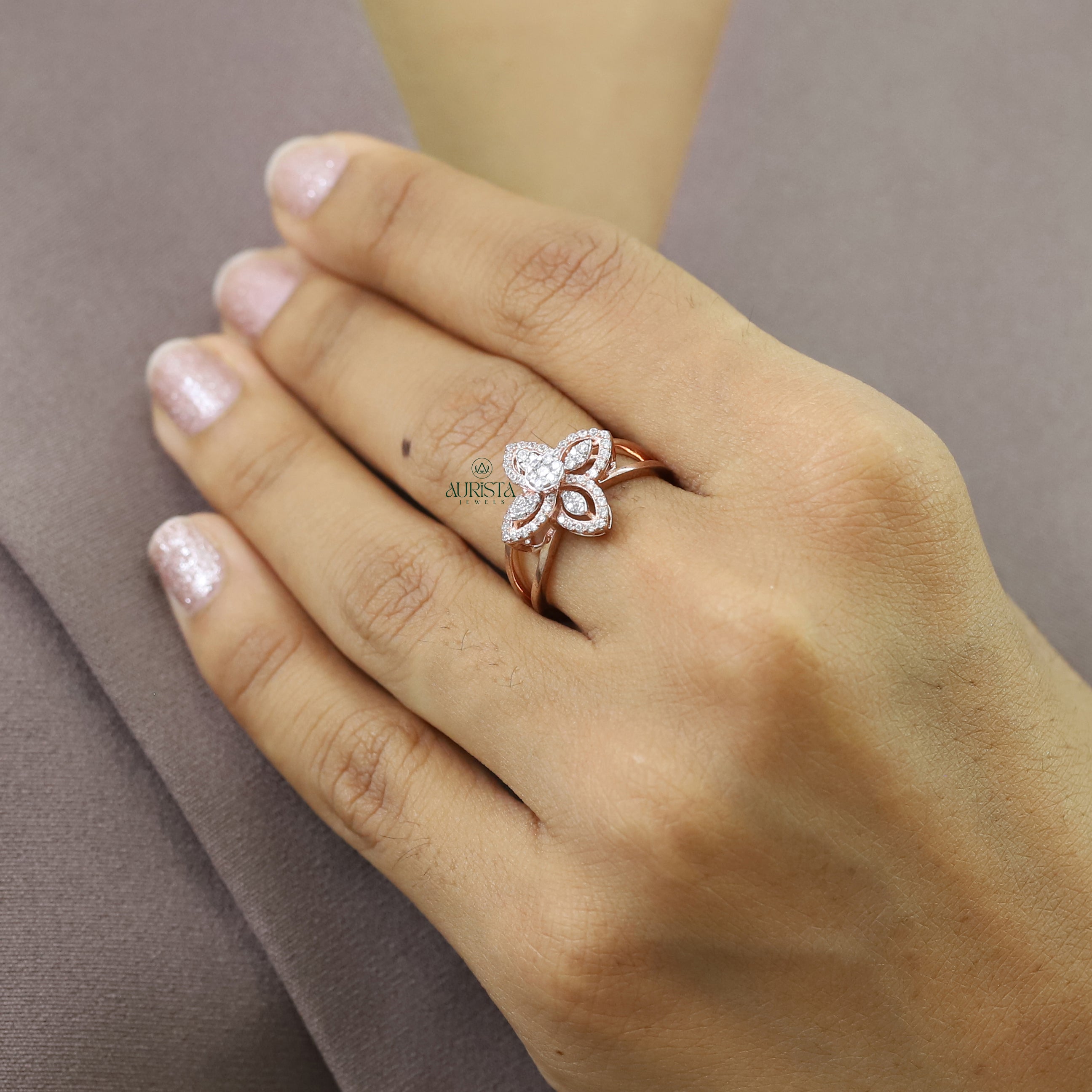 Round Diamond Shape Flower Moissanite Ring Rose Gold Floral Engagement Band Style