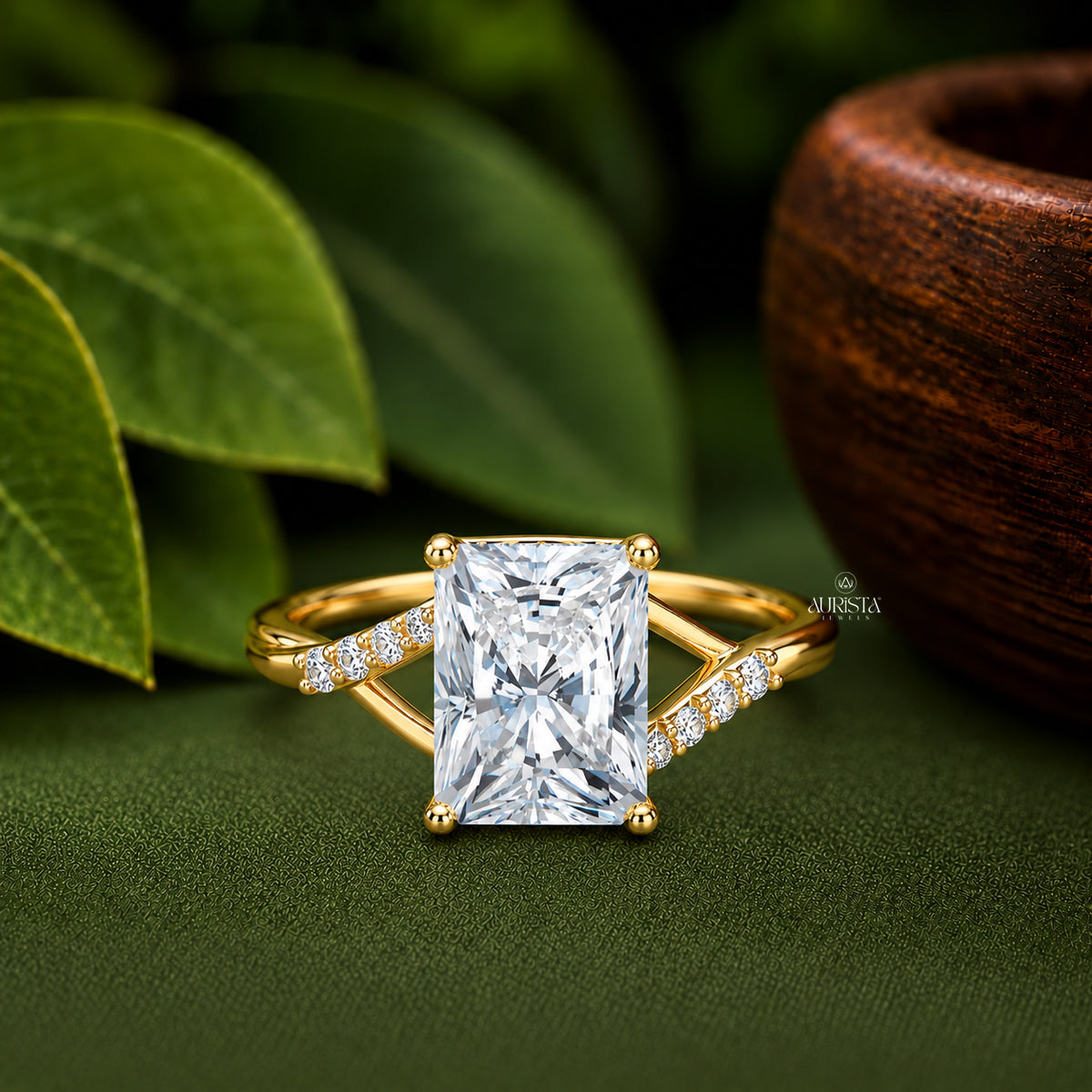 Radiant Cut Lab Grown Diamond Ring, Elegant Twisted Pavé Band In Yellow Gold