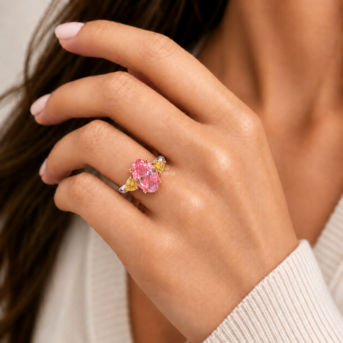 Pink Oval & Yellow Pear Lab Grown Diamond Three Stone Ring Fine Jewelry