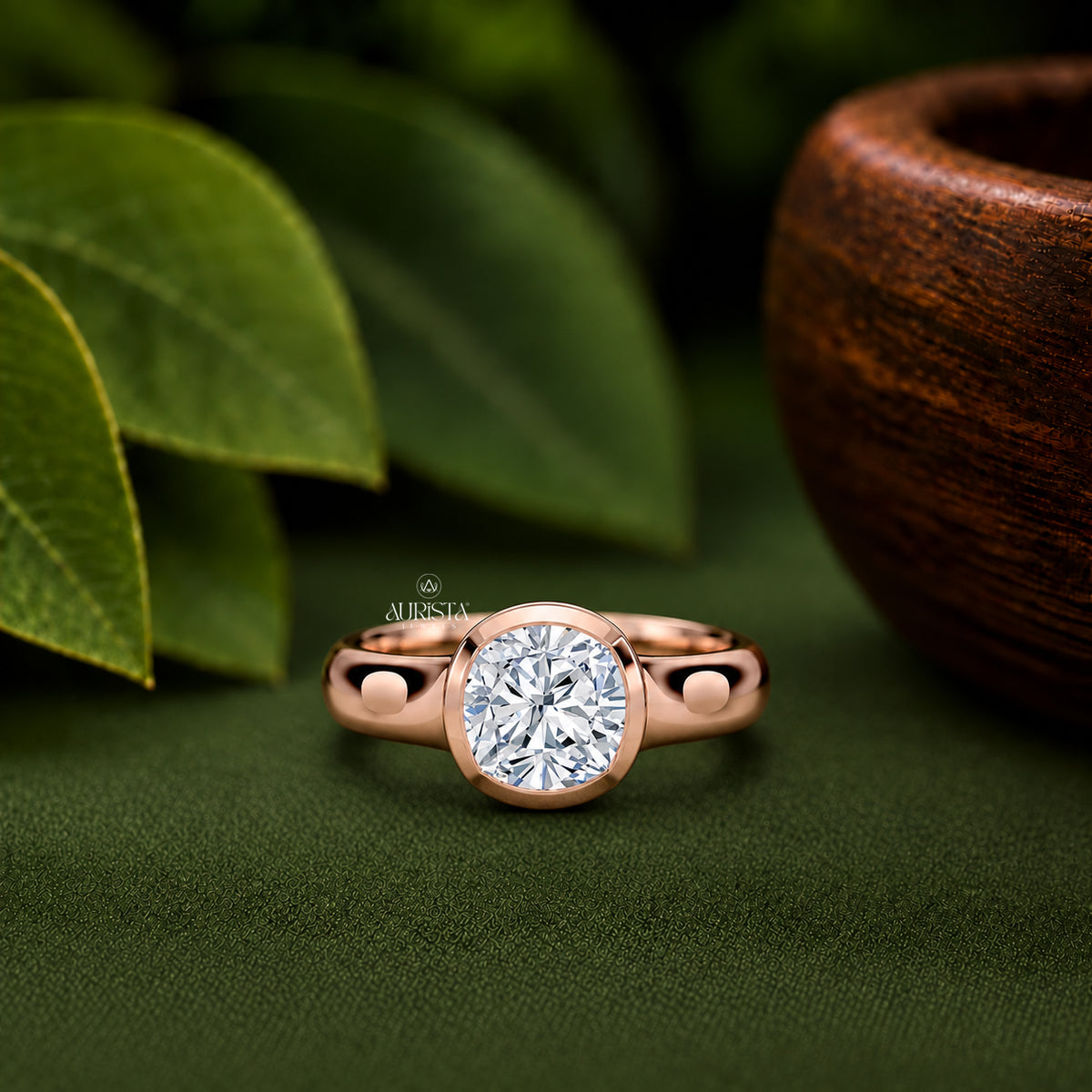 Cushion Shape Lab Grown Diamond Ring, Bezel Set Wide Solitaire Rose Gold Band