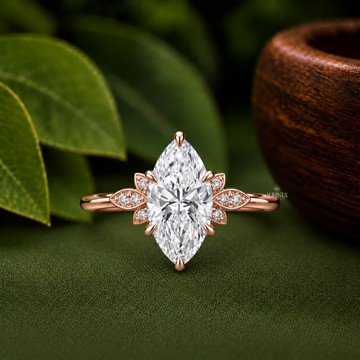 Marquise Lab Grown Diamond Ring, Nature Inspired Floral Vine Band Jewelry