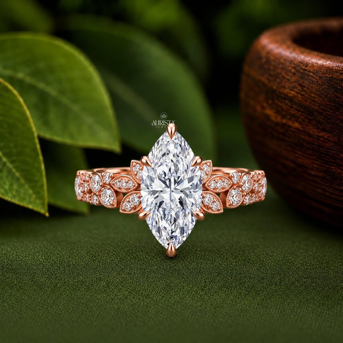 Marquise Lab Grown Diamond Ring, Ornate Floral Rose Gold Band Statement Fine Jewelry