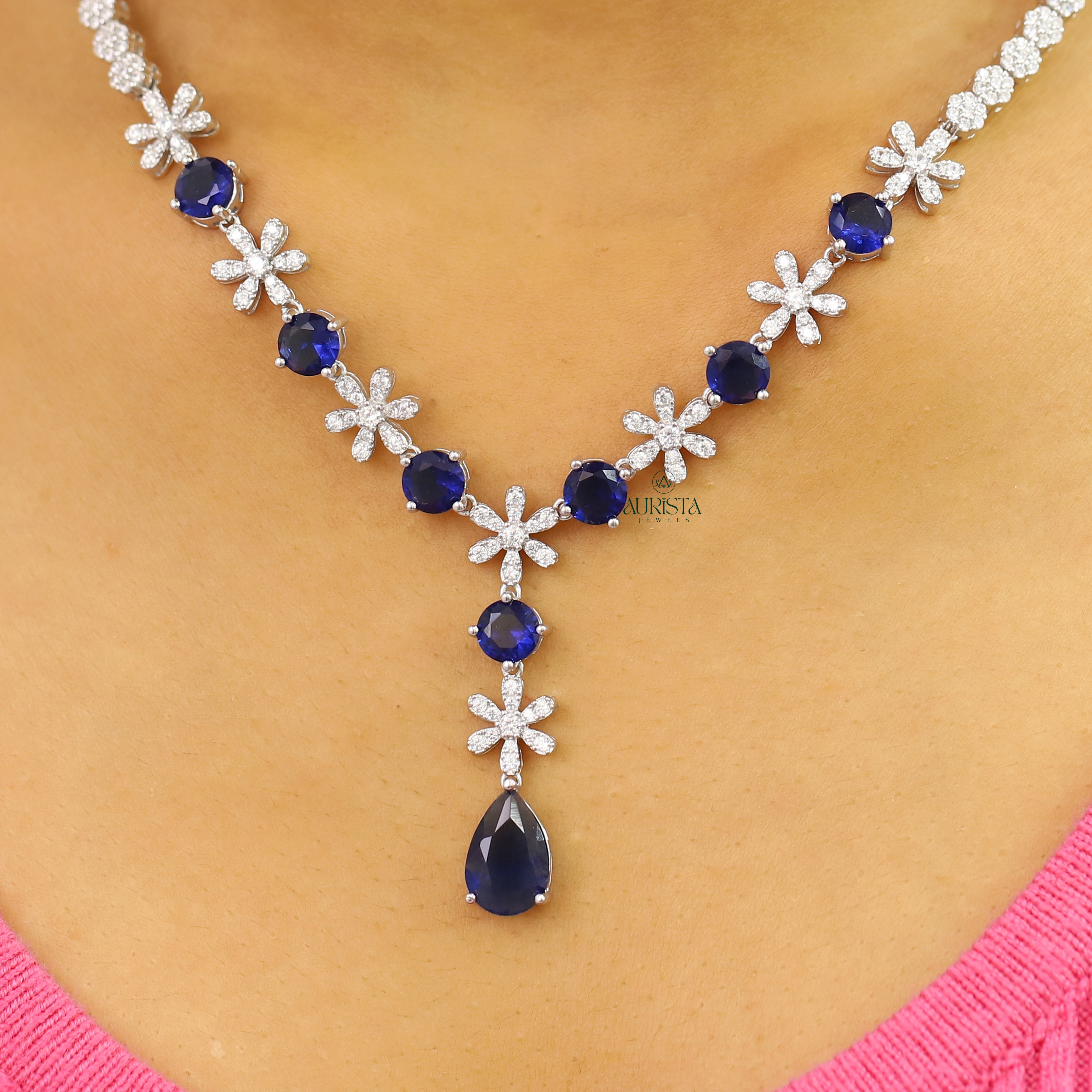 Blue Pear Cut Floral Necklace Moissanite Statement Jewelry Bridal Gift For Her