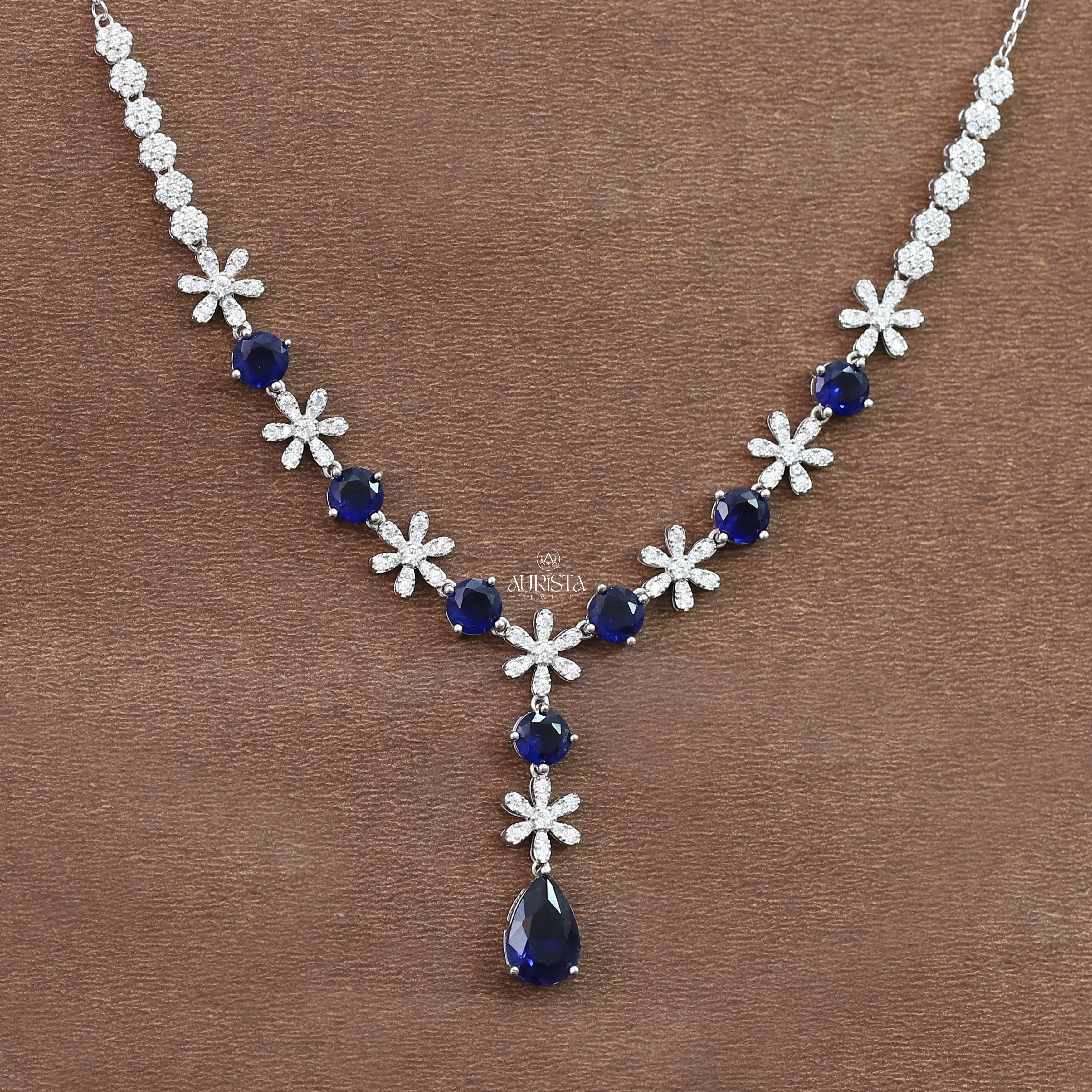 Blue Pear Cut Floral Necklace Moissanite Statement Jewelry Bridal Gift For Her