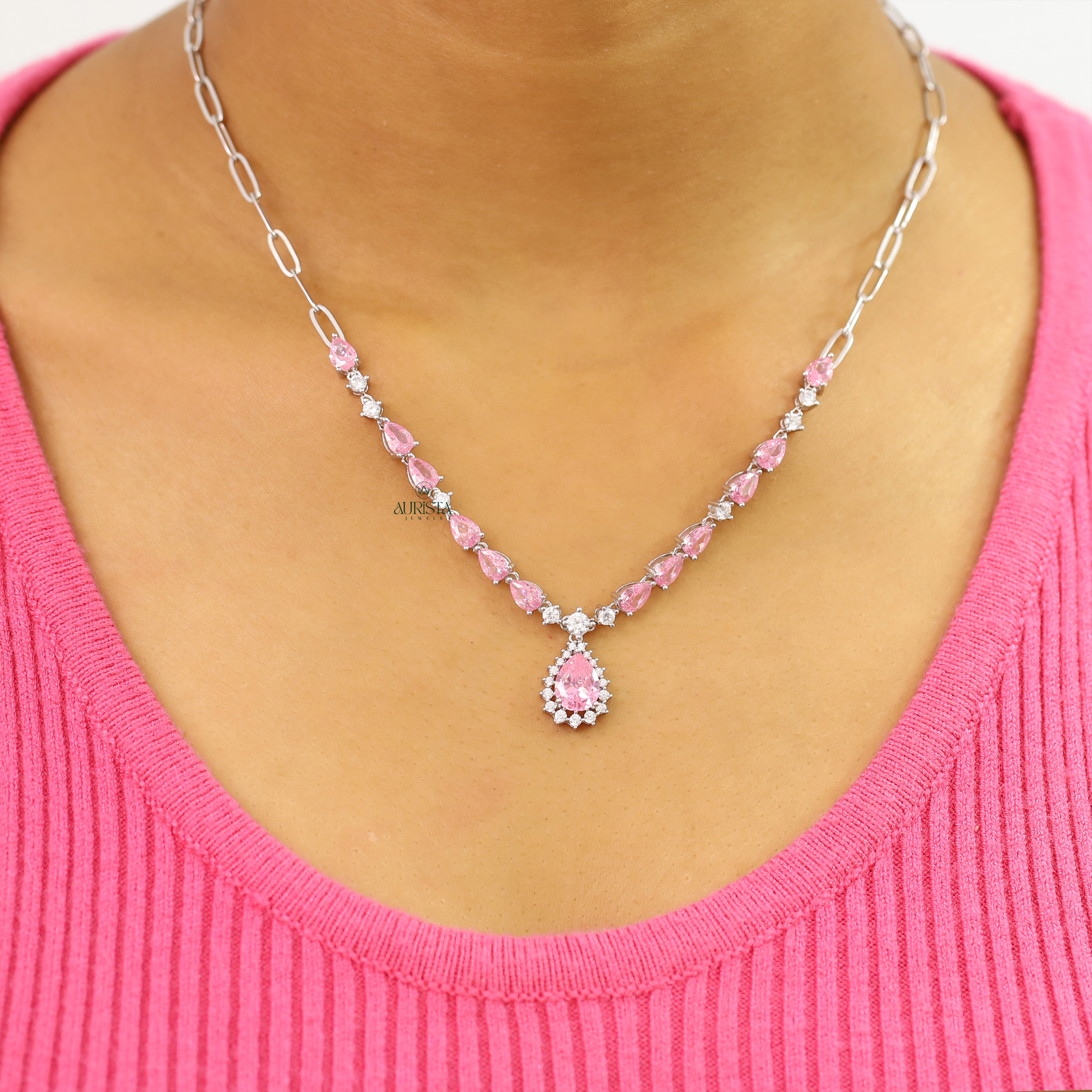 Unique Pink Pear Cut Drop Necklace Statement Moissanite Jewelry Elegant Gift For Her