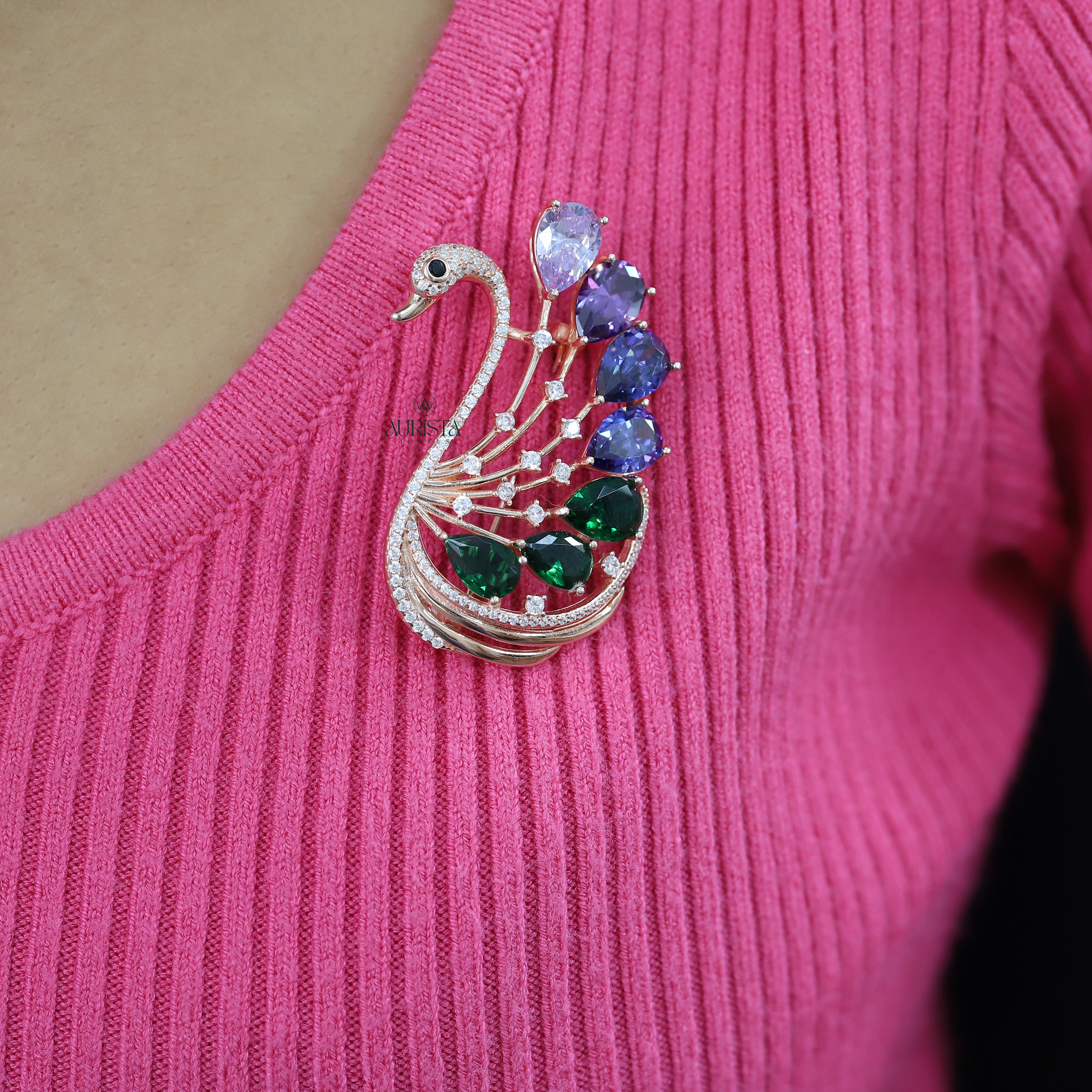 Swan Brooch Multi Color Moissanite Rose Gold Pin Elegant Bird Jewelry Gift For Her