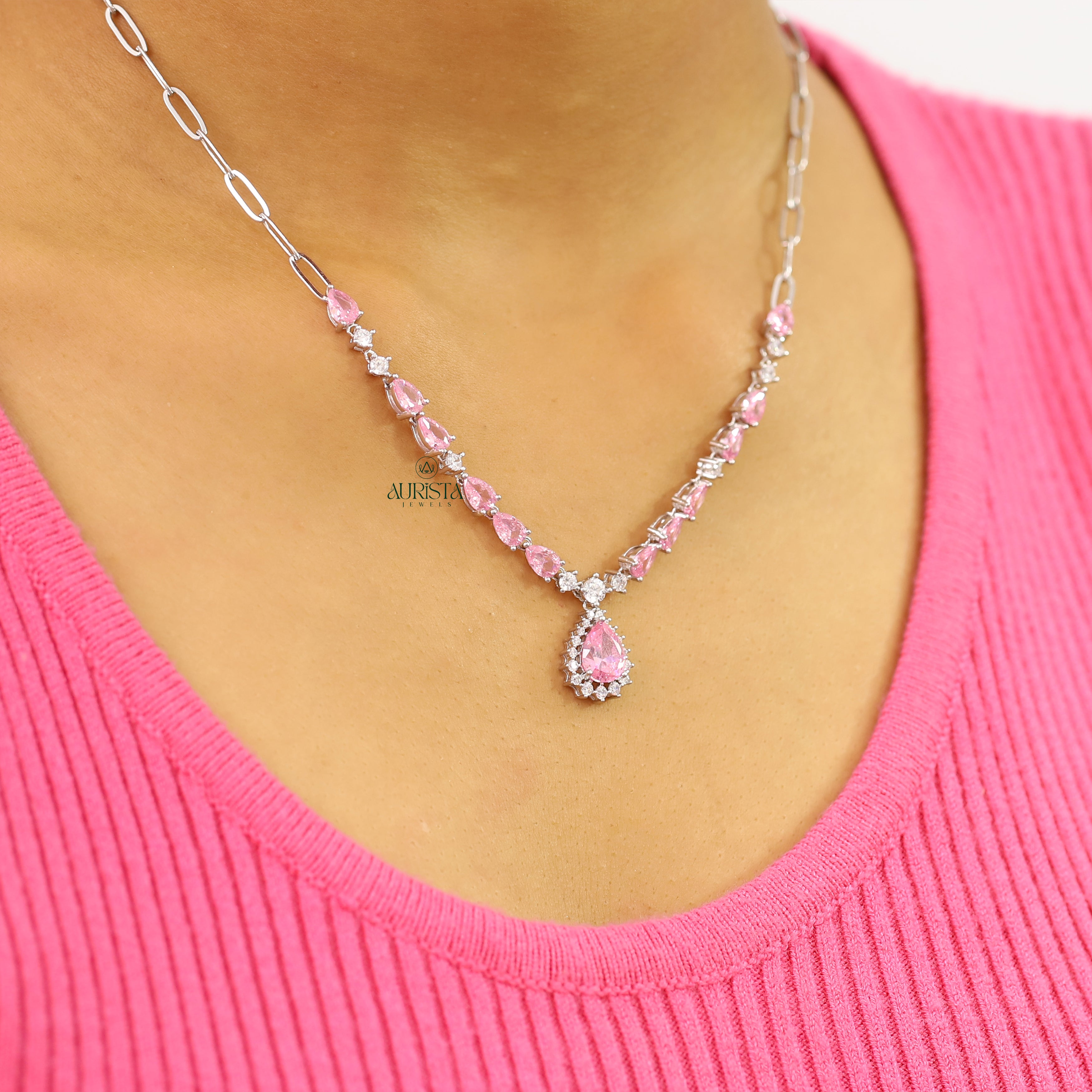 Unique Pink Pear Cut Drop Necklace Statement Moissanite Jewelry Elegant Gift For Her