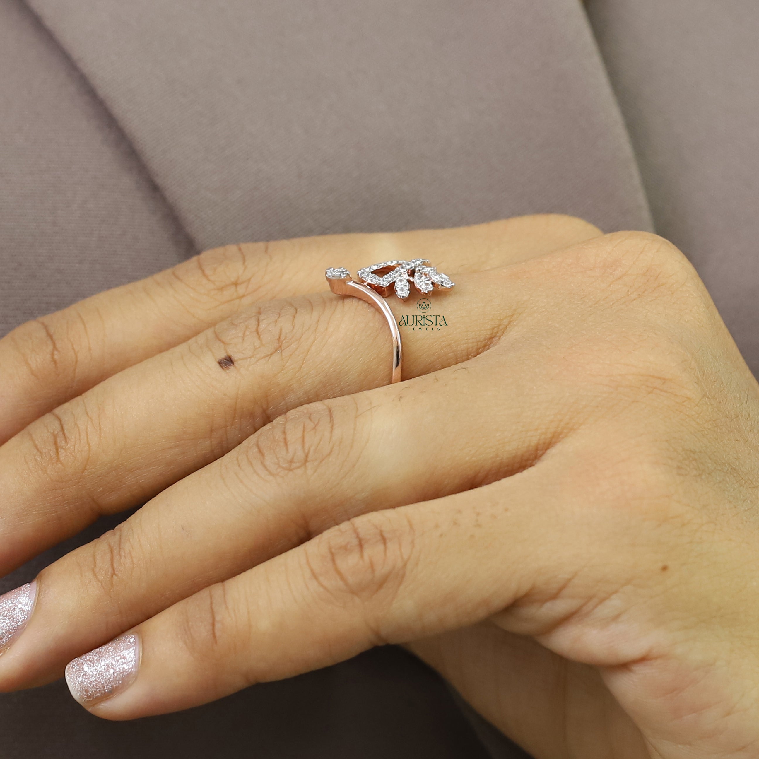 Round Moissanite Leaf Ring, Rose Gold Nature Inspired Statement Ring for Her