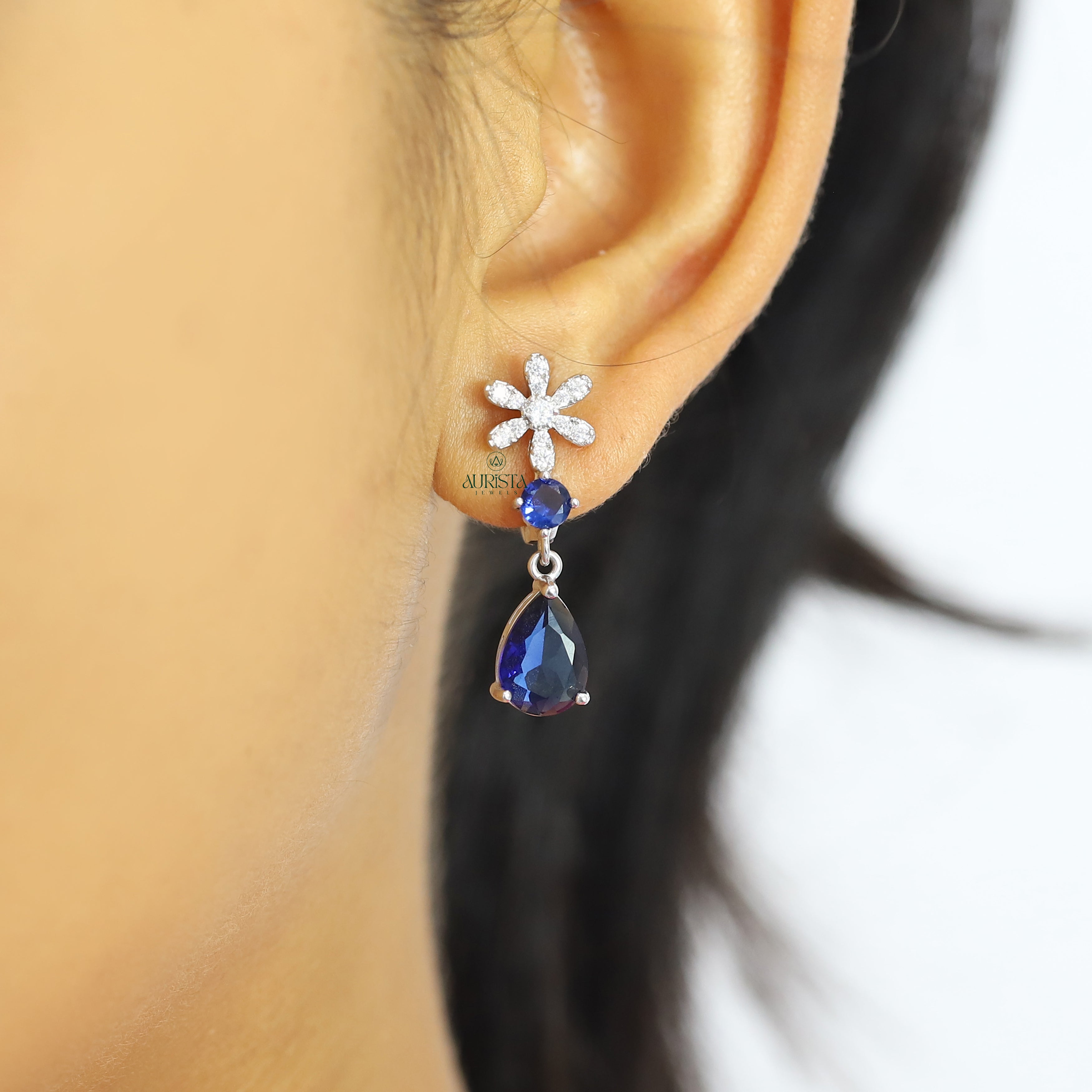 Blue Pear Cut Floral Necklace Moissanite Statement Jewelry Bridal Gift For Her