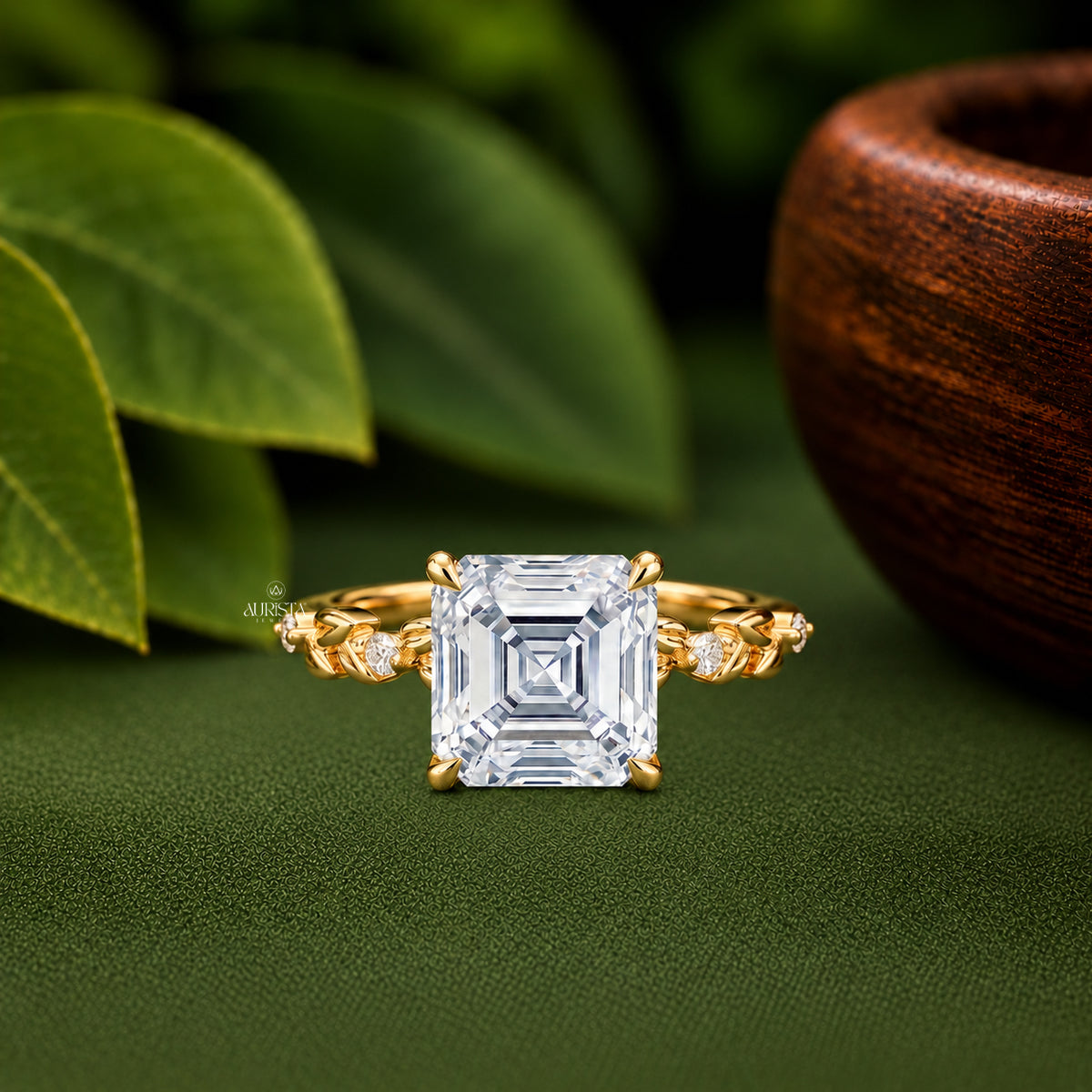 Asscher Shape Lab Grown Diamond Ring, Hidden Halo Nature Leaf Band With Side Stones
