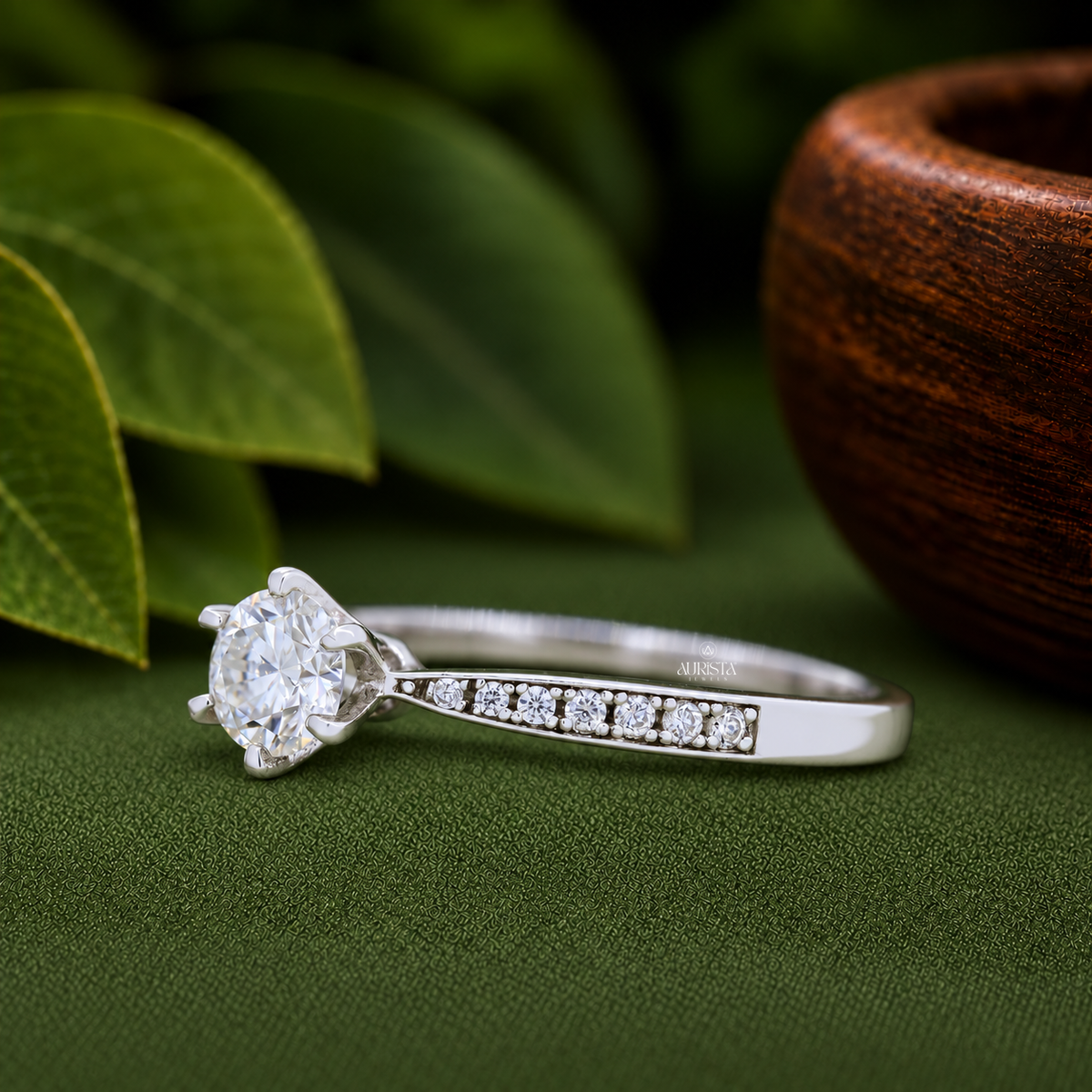 Round Cut Lab Grown Diamond ,  Side Stone,White Gold, Engagement Ring