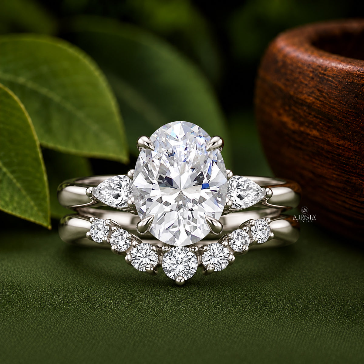 Oval Lab Grown Diamond Ring Set, White Gold Three Stone With Curved Pave Band Ring