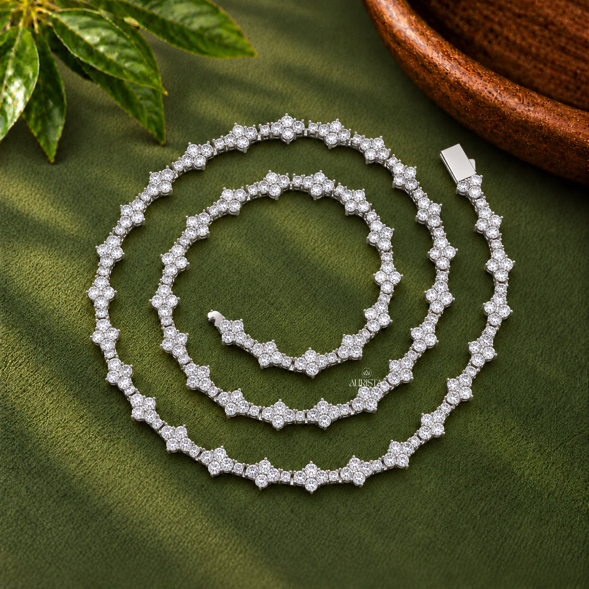 Cluster Floral Tennis Chain Necklace Moissanite in Diamond Silver Fine Jewelry