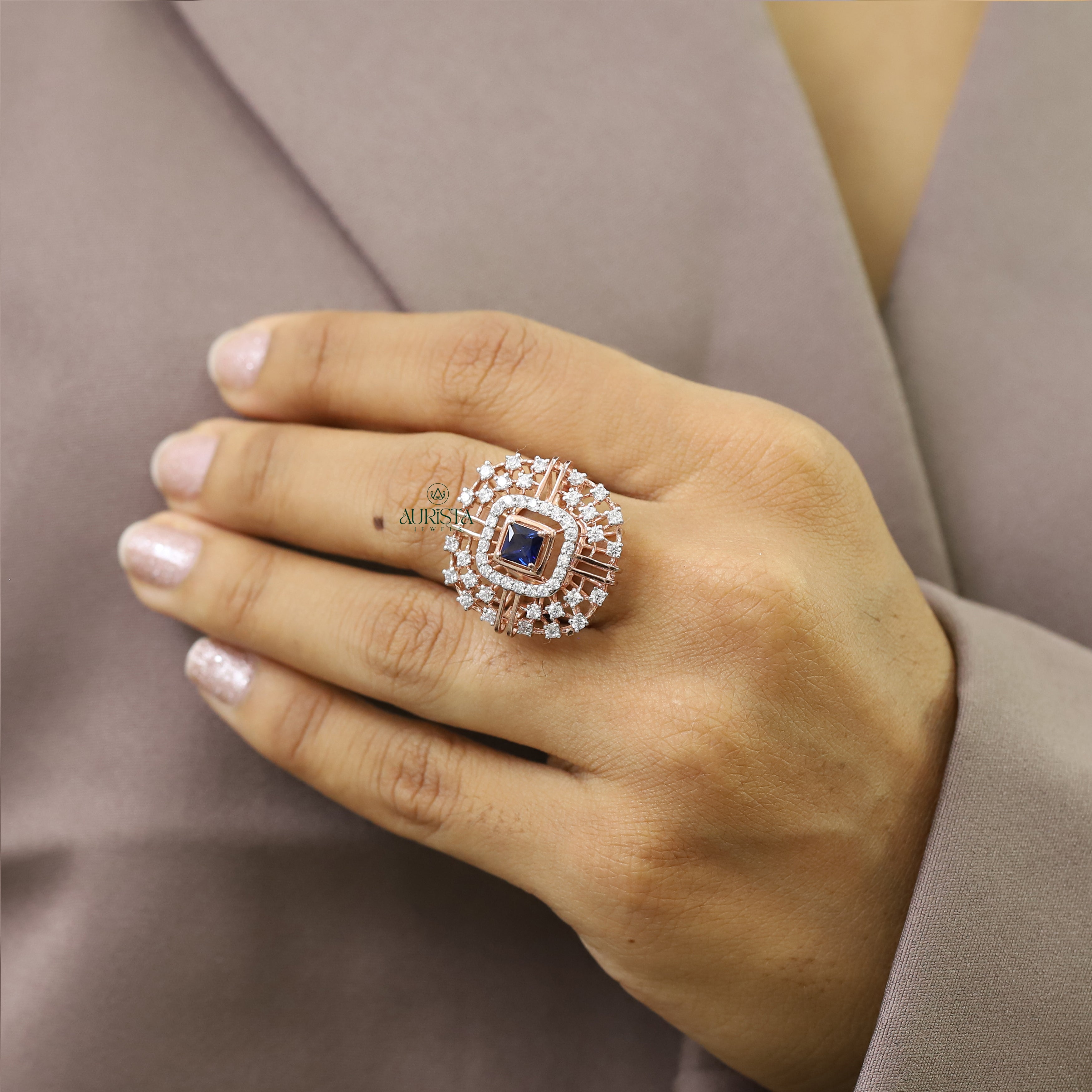Princess Cut Sapphire & Moissanite Halo Ring, Rose Gold Cluster Statement Ring, Gift