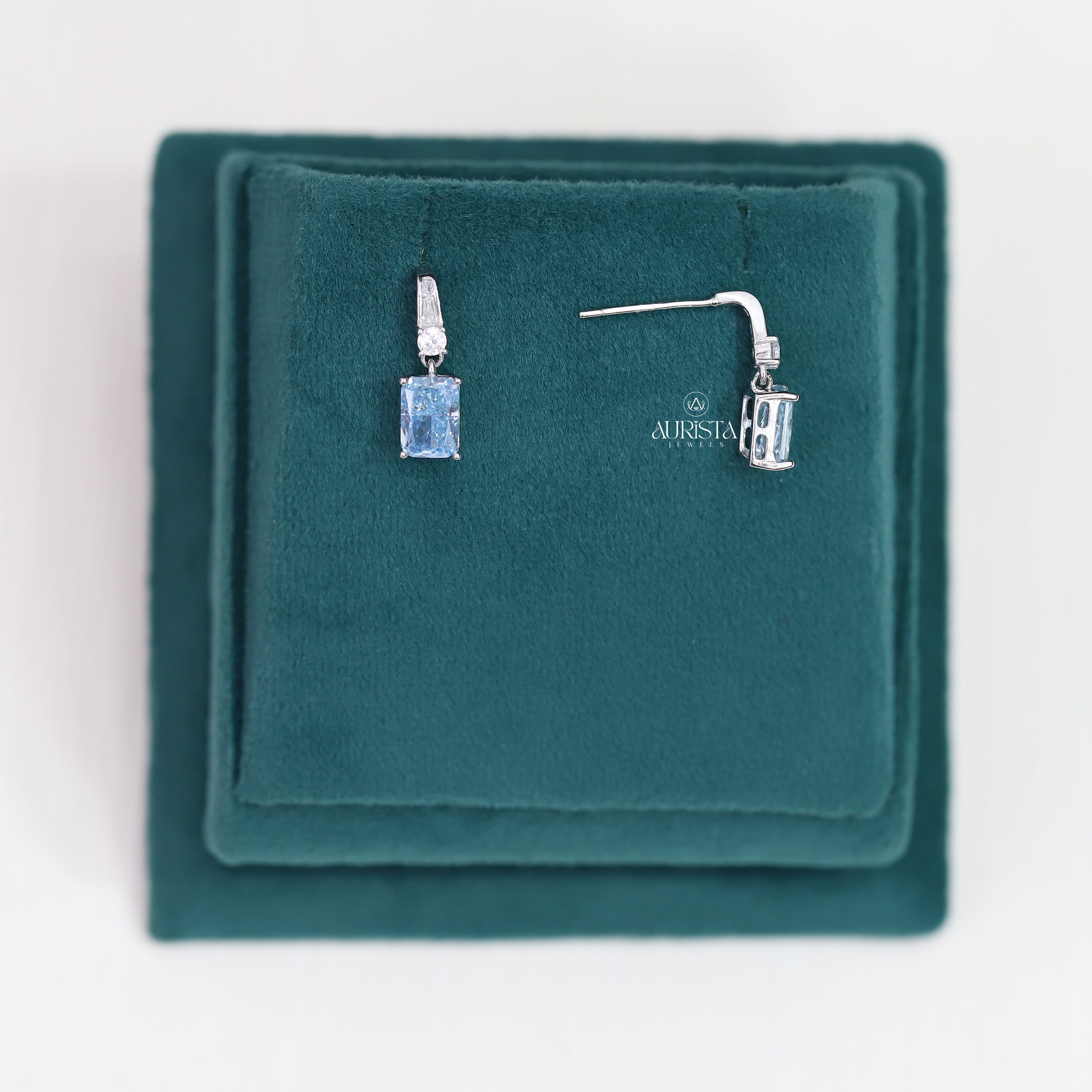 Blue Radiant Cut Moissanite Drop Earrings, Minimalist Dangle Earrings, Silver Jewelry