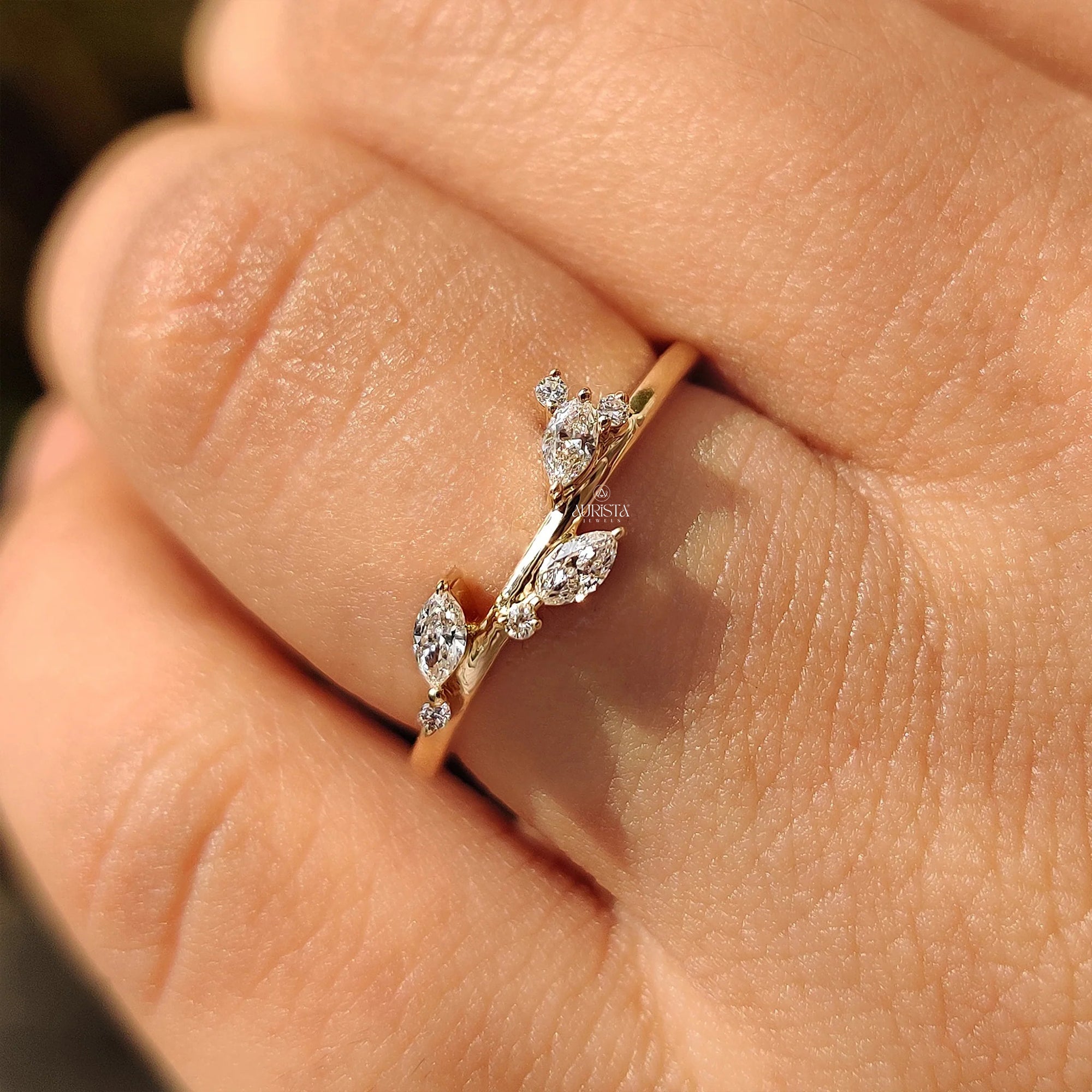 Marquise Moissanite Diamond Nature Inspired Gold Vine Leaves Bridal Engagement Ring