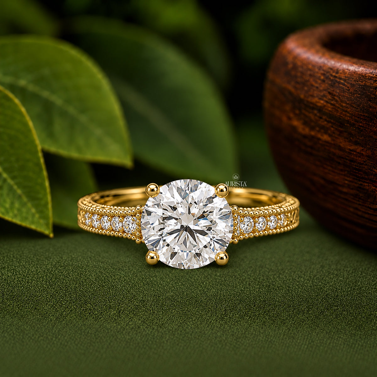 Vintage Round Lab Grown Diamond Ring, Antique Milgrain Pavé Engagement Wedding Band
