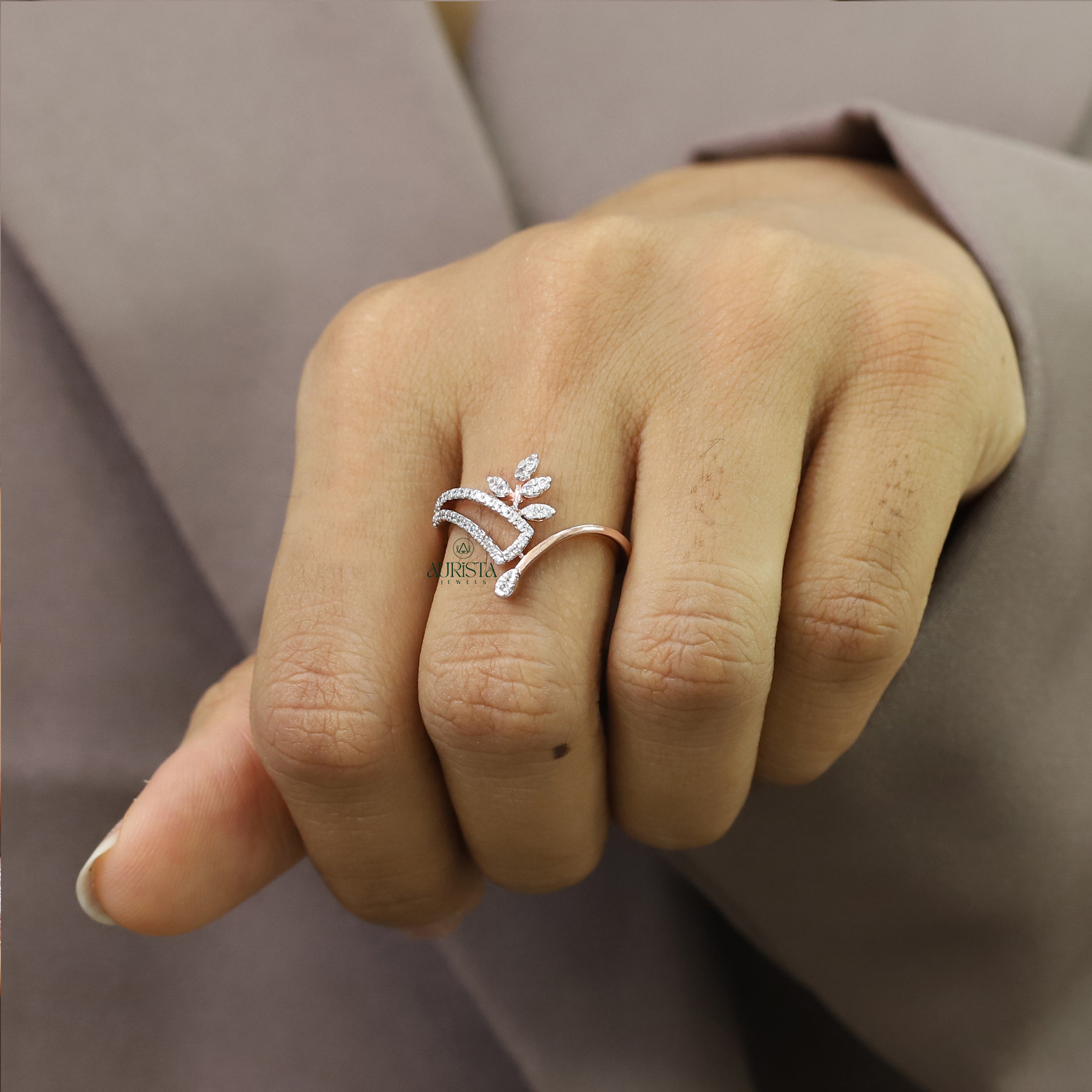 Round Moissanite Leaf Ring, Rose Gold Nature Inspired Statement Ring for Her