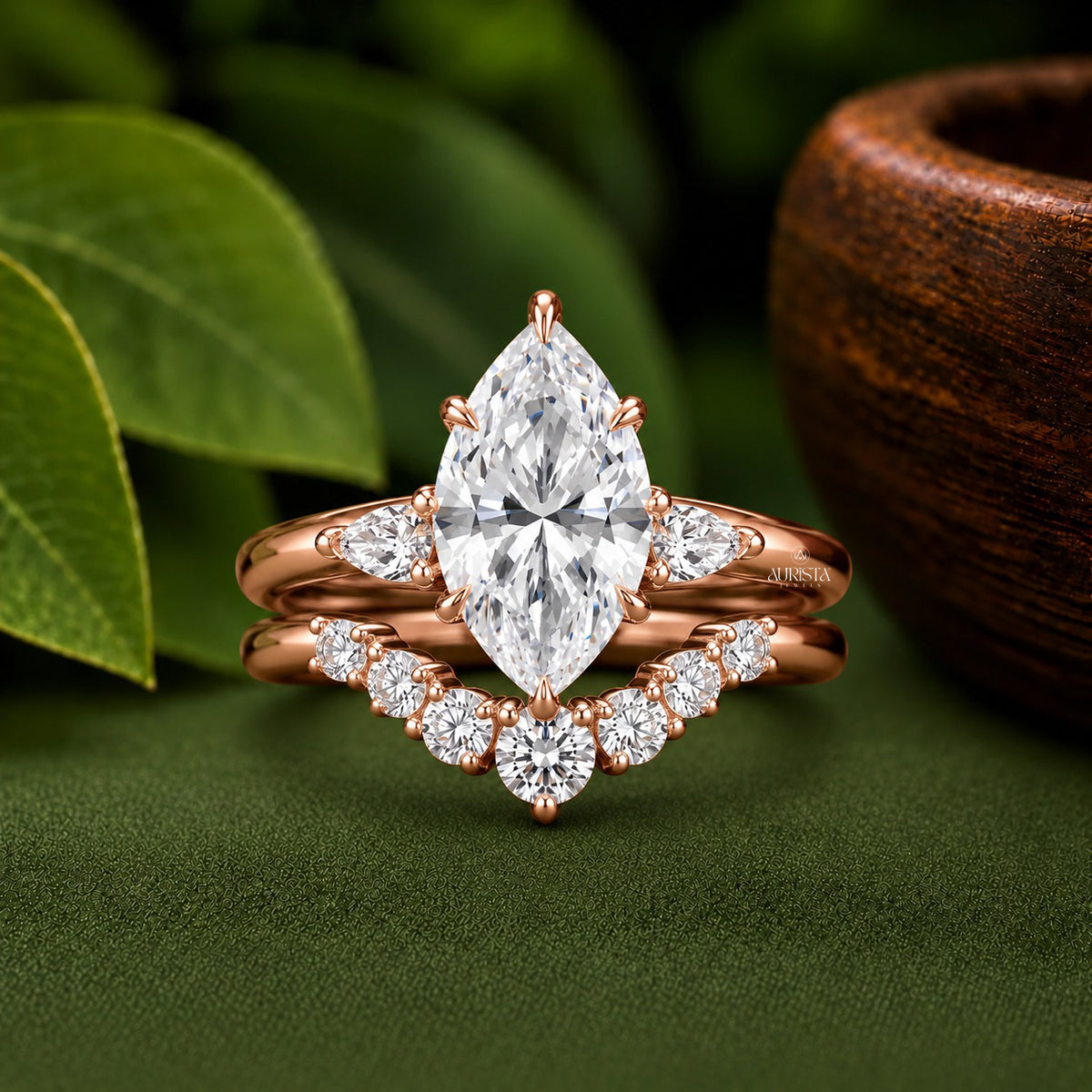 Marquise Lab Grown Diamond Ring Set, Rose Gold Three Stone With Curved Pave Band