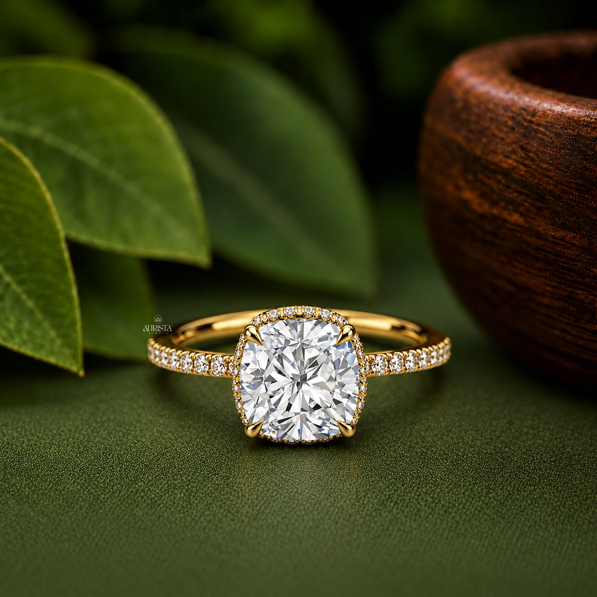 Cushion Cut Lab Grown Diamond Hidden Halo Ring, Delicate Pave Wedding Band