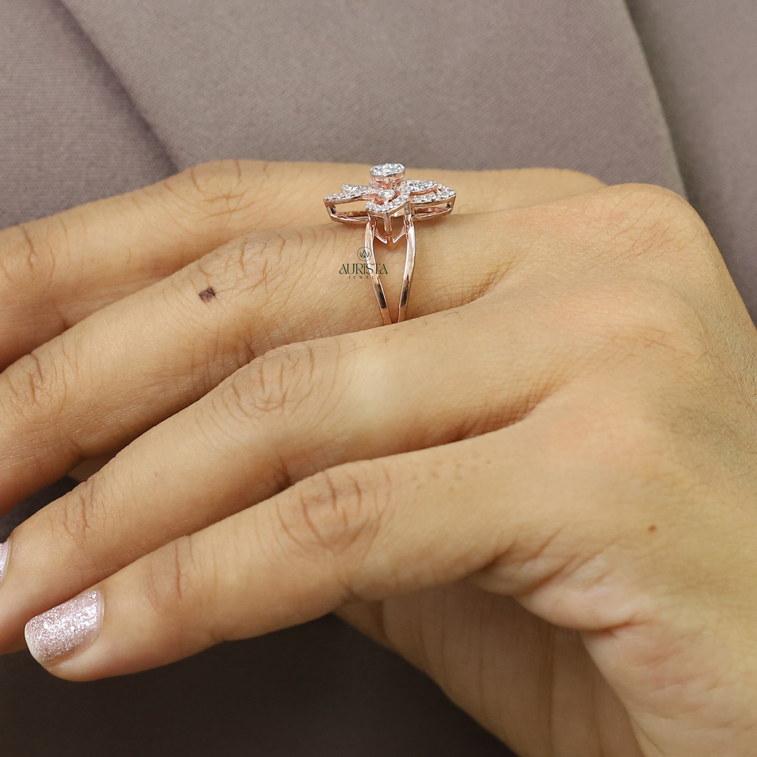 Round Diamond Shape Flower Moissanite Ring Rose Gold Floral Engagement Band Style