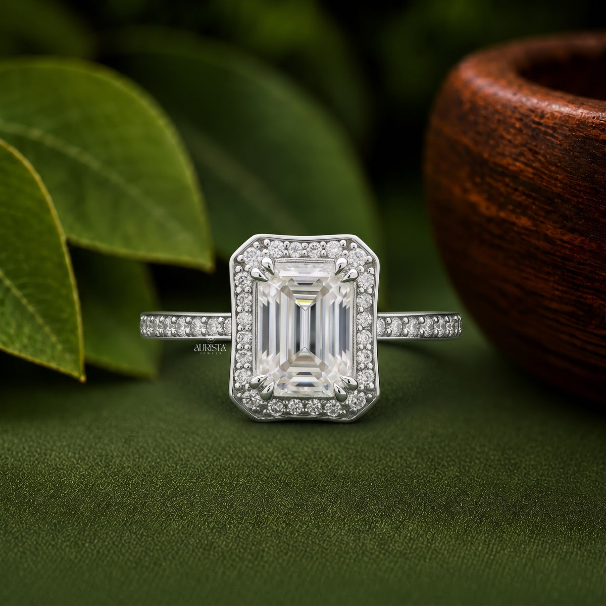 Emerald Cut Lab Grown Diamond Halo Engagement Ring in 14k White Gold