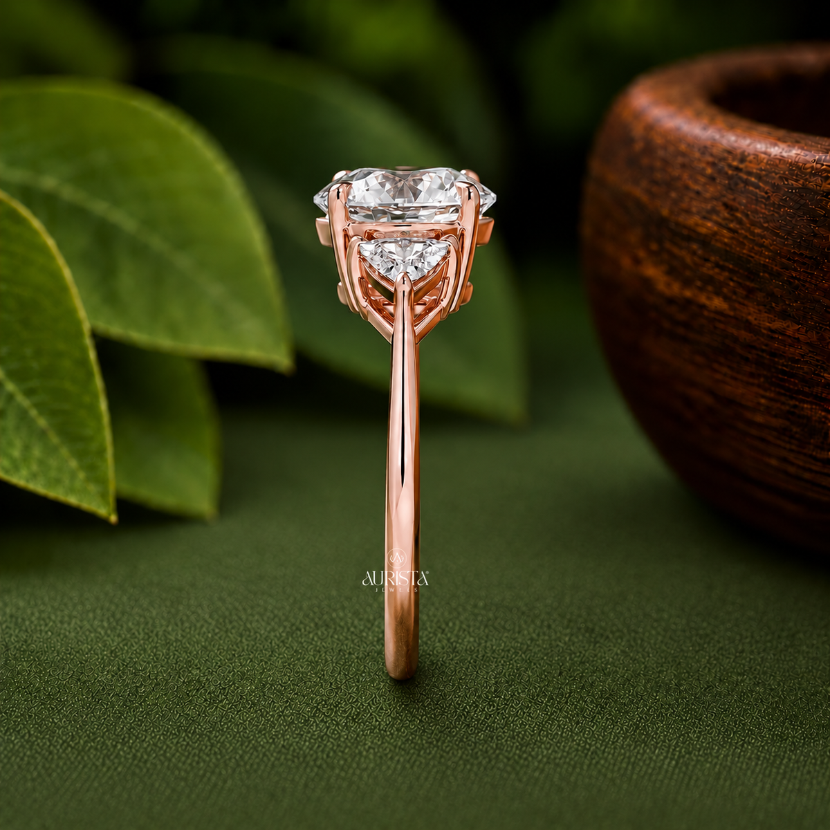 Round & Triangle Lab Grown Diamond Three Stone Ring, Engagement Wedding Band Jewelry