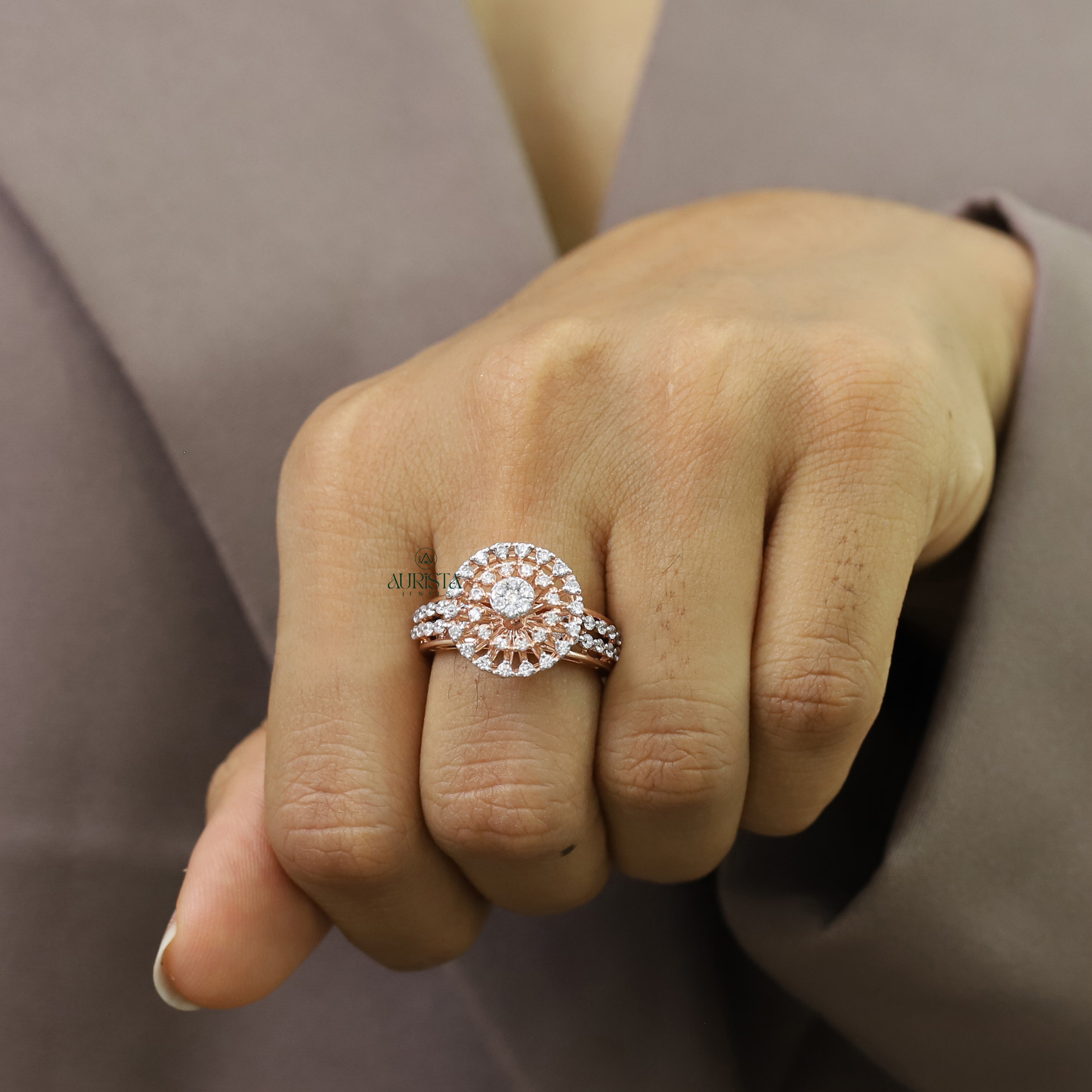Round Cluster Moissanite Ring Rose Gold Halo Engagement Ring Luxury Statement Ring