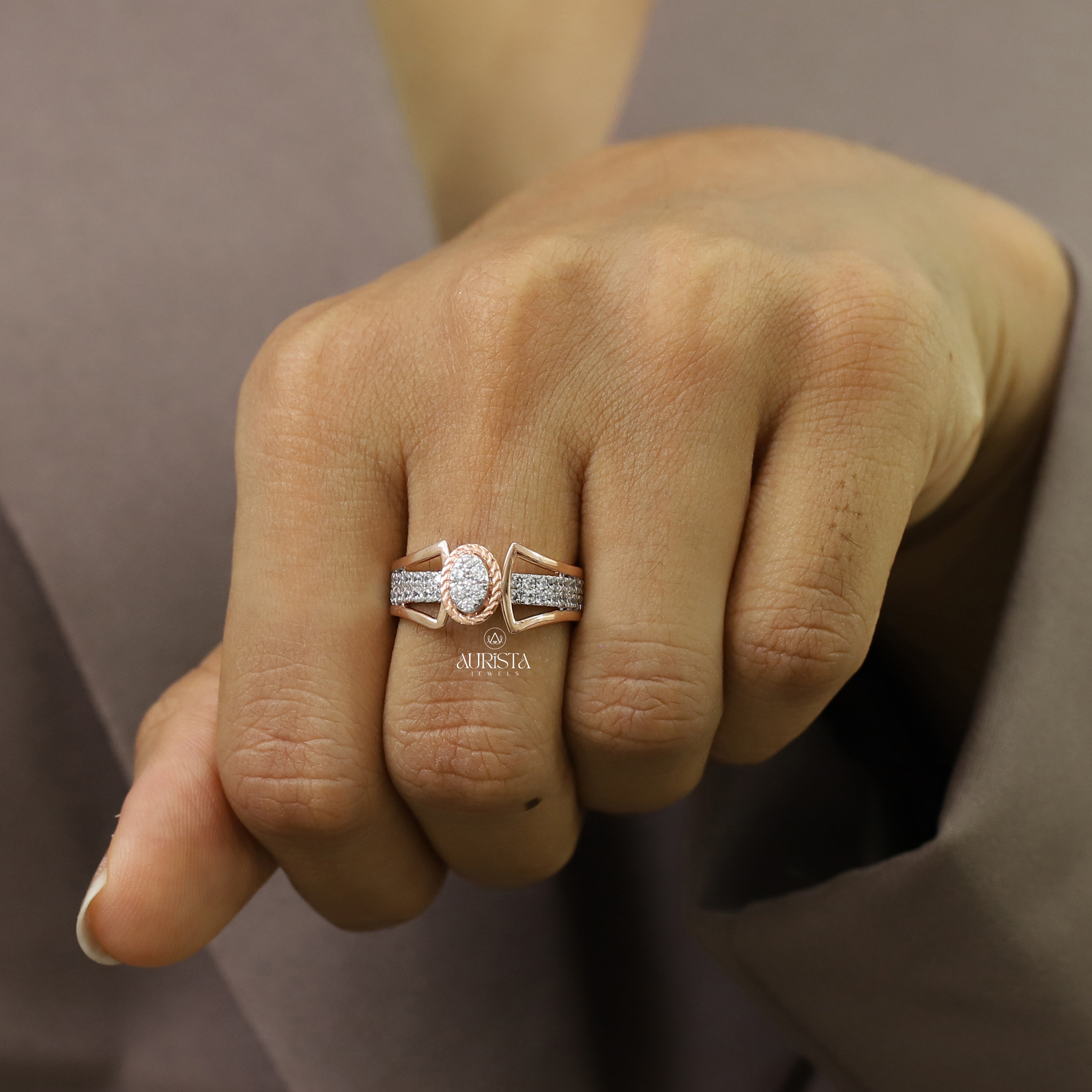 Round Cut Moissanite Ring Rose Gold Engagement Band Unique Open Design Modern Style