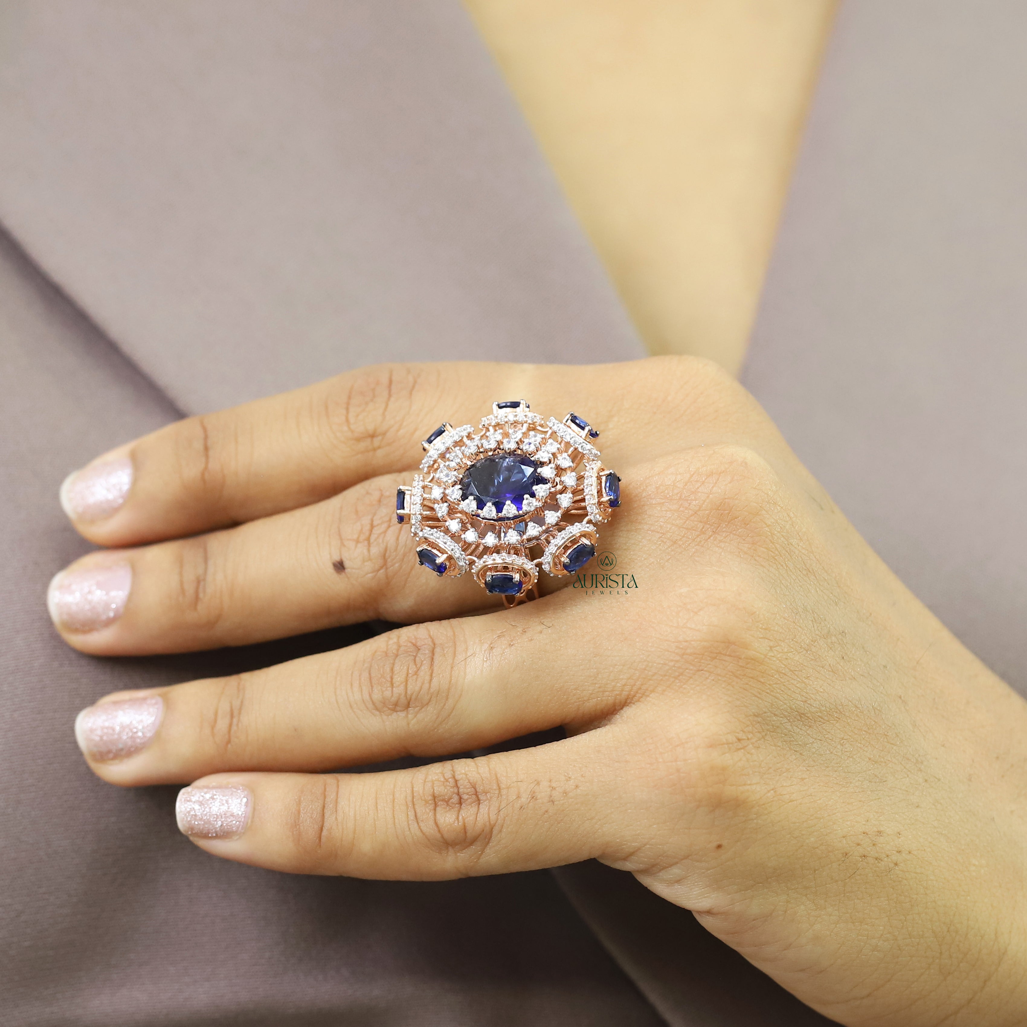Oval Blue Stone Cluster Ring Rose Gold Moissanite Statement Cocktail Band Luxury