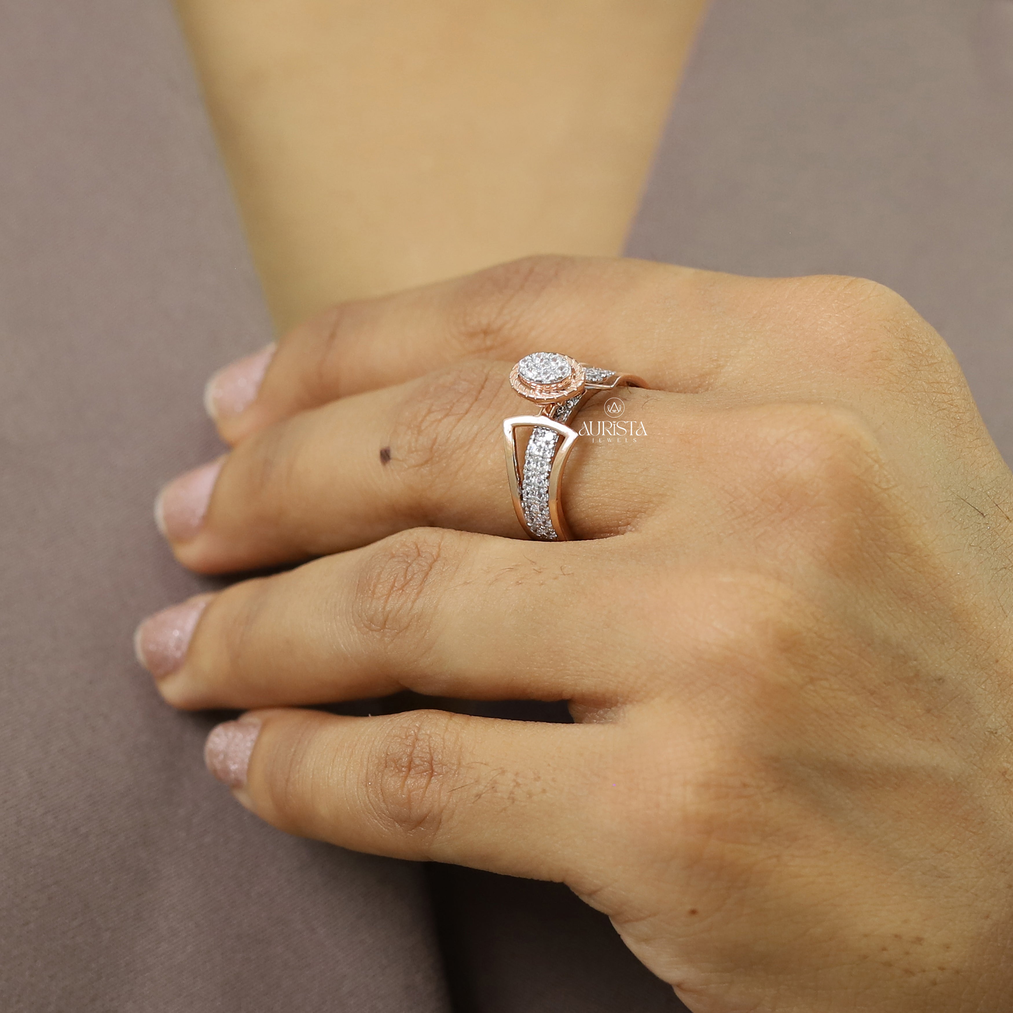 Round Cut Moissanite Ring Rose Gold Engagement Band Unique Open Design Modern Style