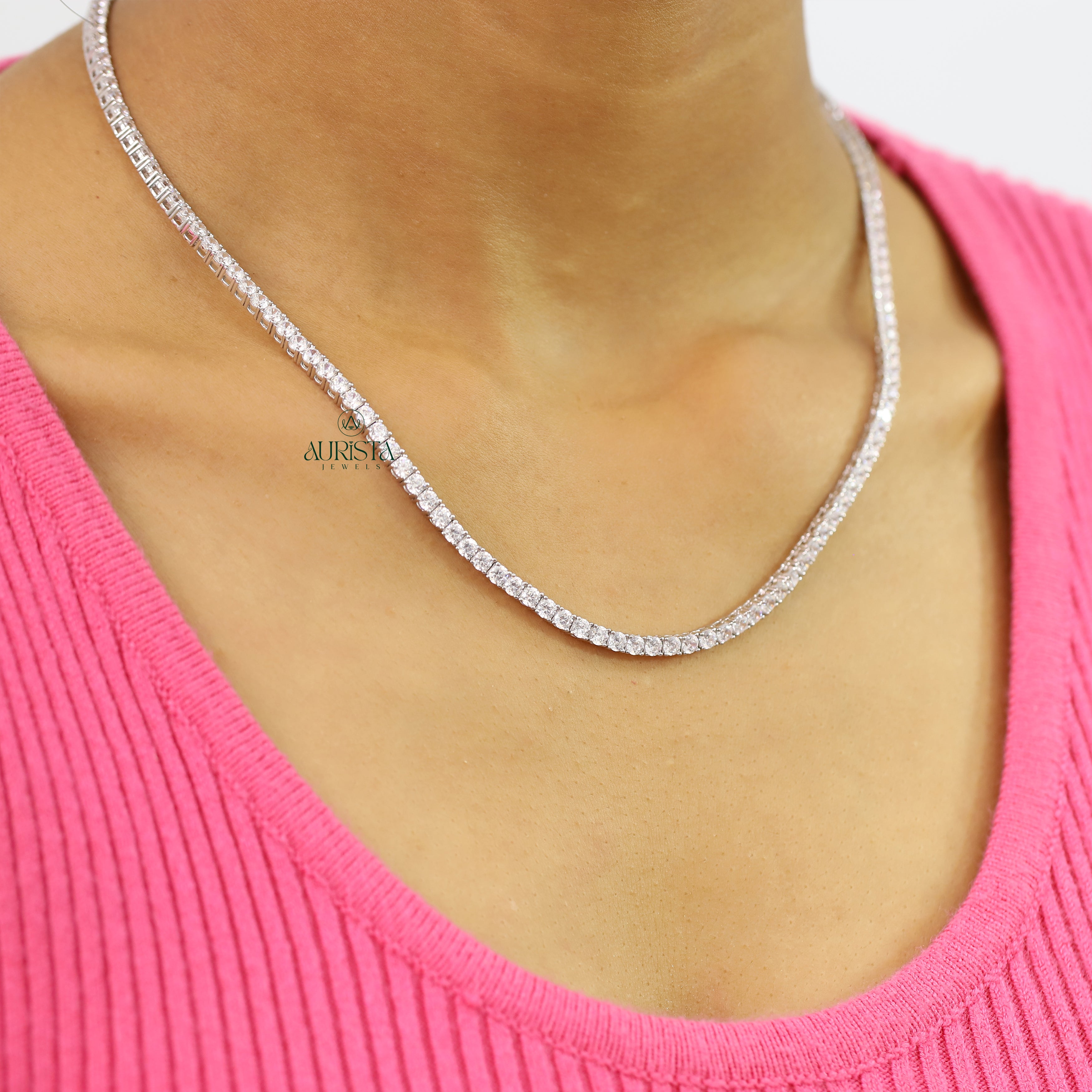 Round Cut Moissanite Tennis Necklace Minimalist Layering Jewelry Gift For Her