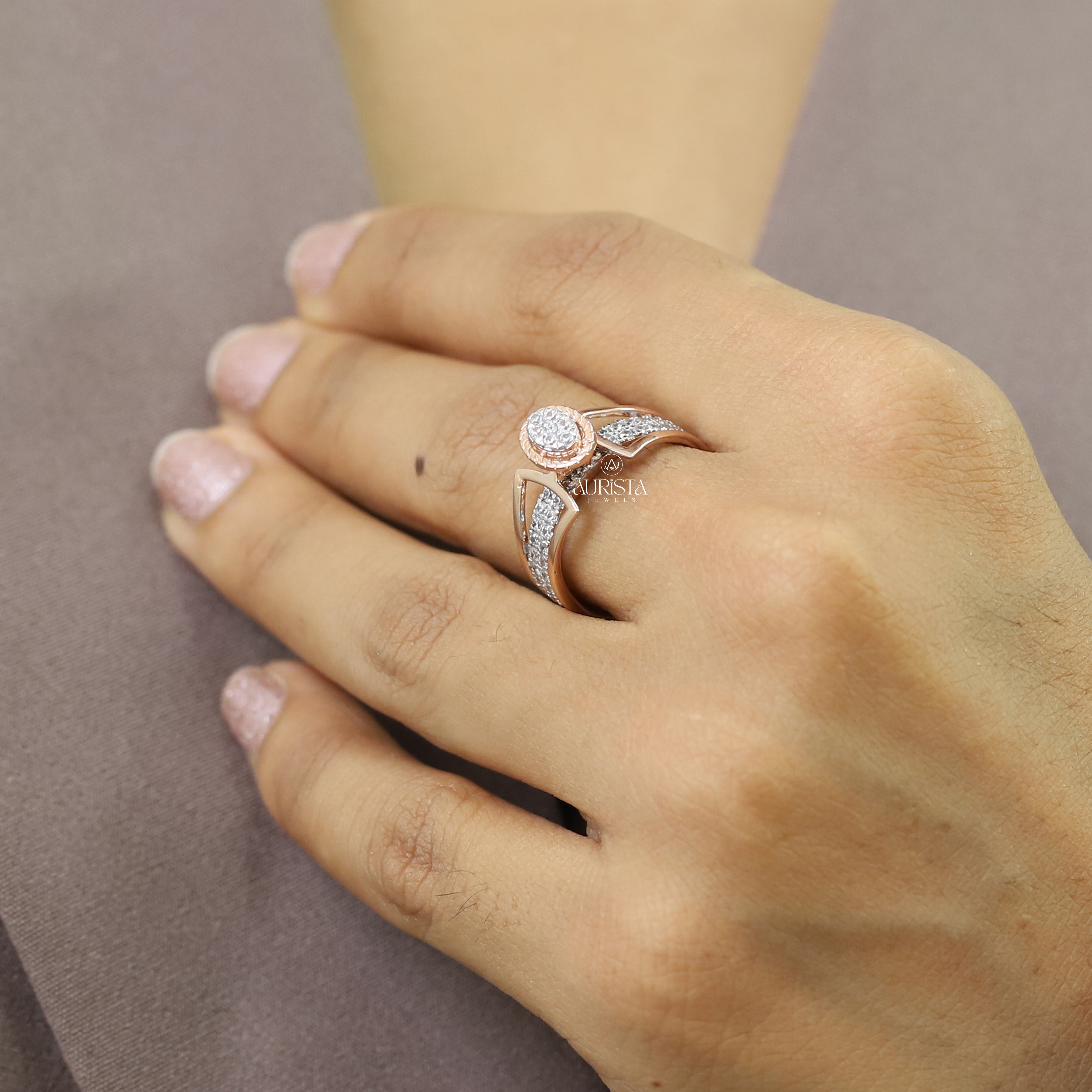 Round Cut Moissanite Ring Rose Gold Engagement Band Unique Open Design Modern Style