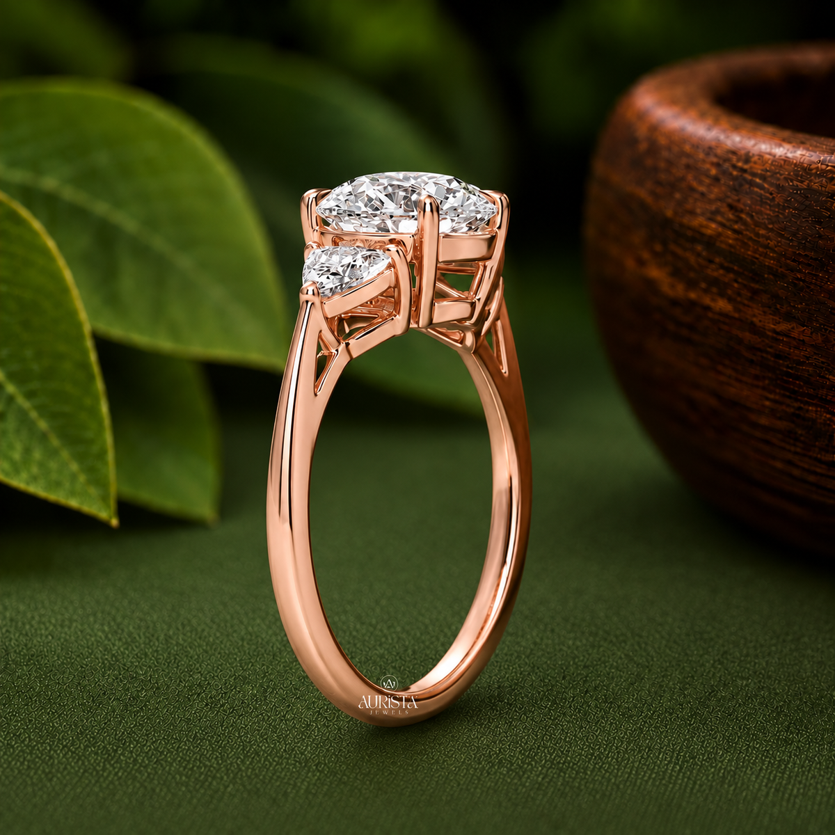 Round & Triangle Lab Grown Diamond Three Stone Ring, Engagement Wedding Band Jewelry