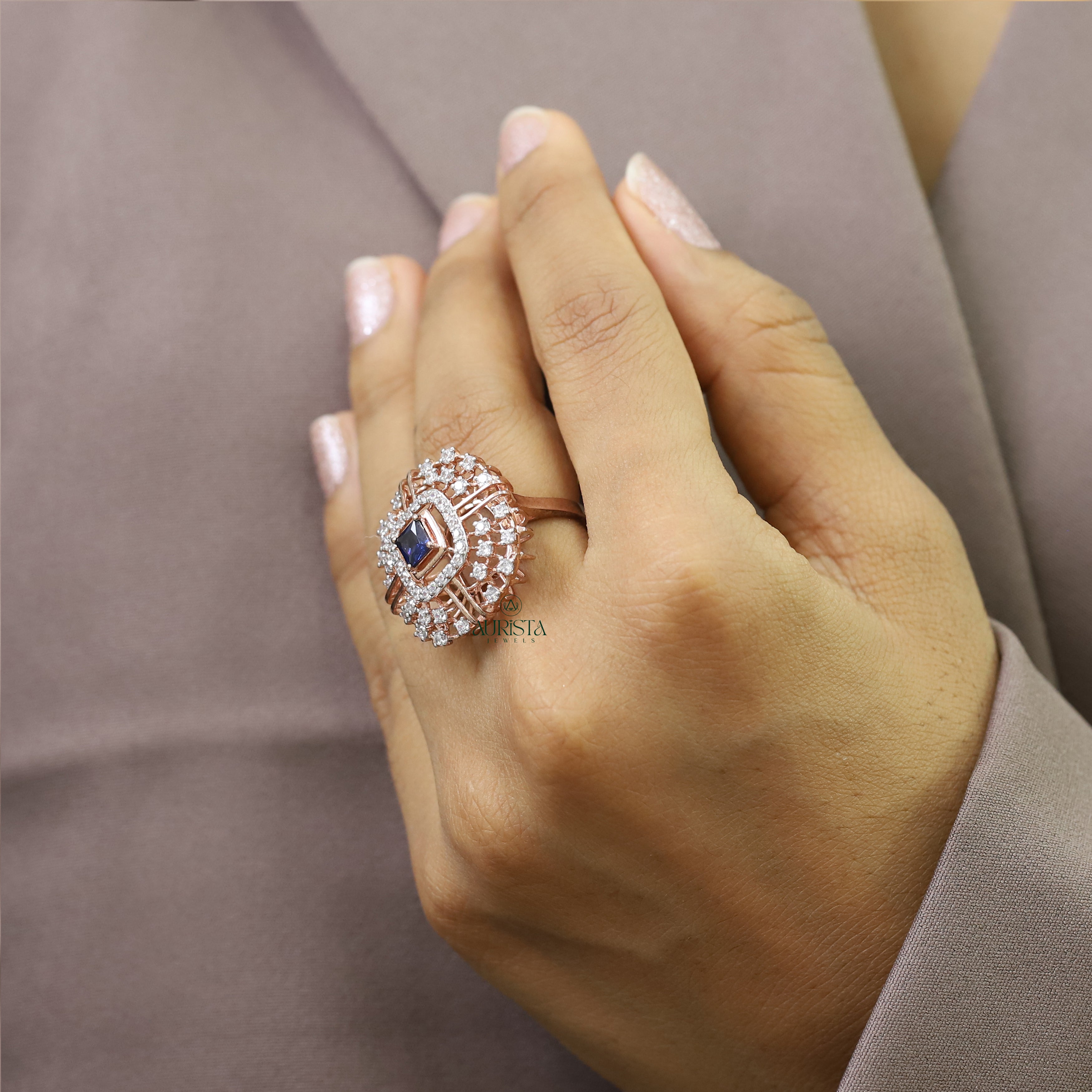 Princess Cut Sapphire & Moissanite Halo Ring, Rose Gold Cluster Statement Ring, Gift