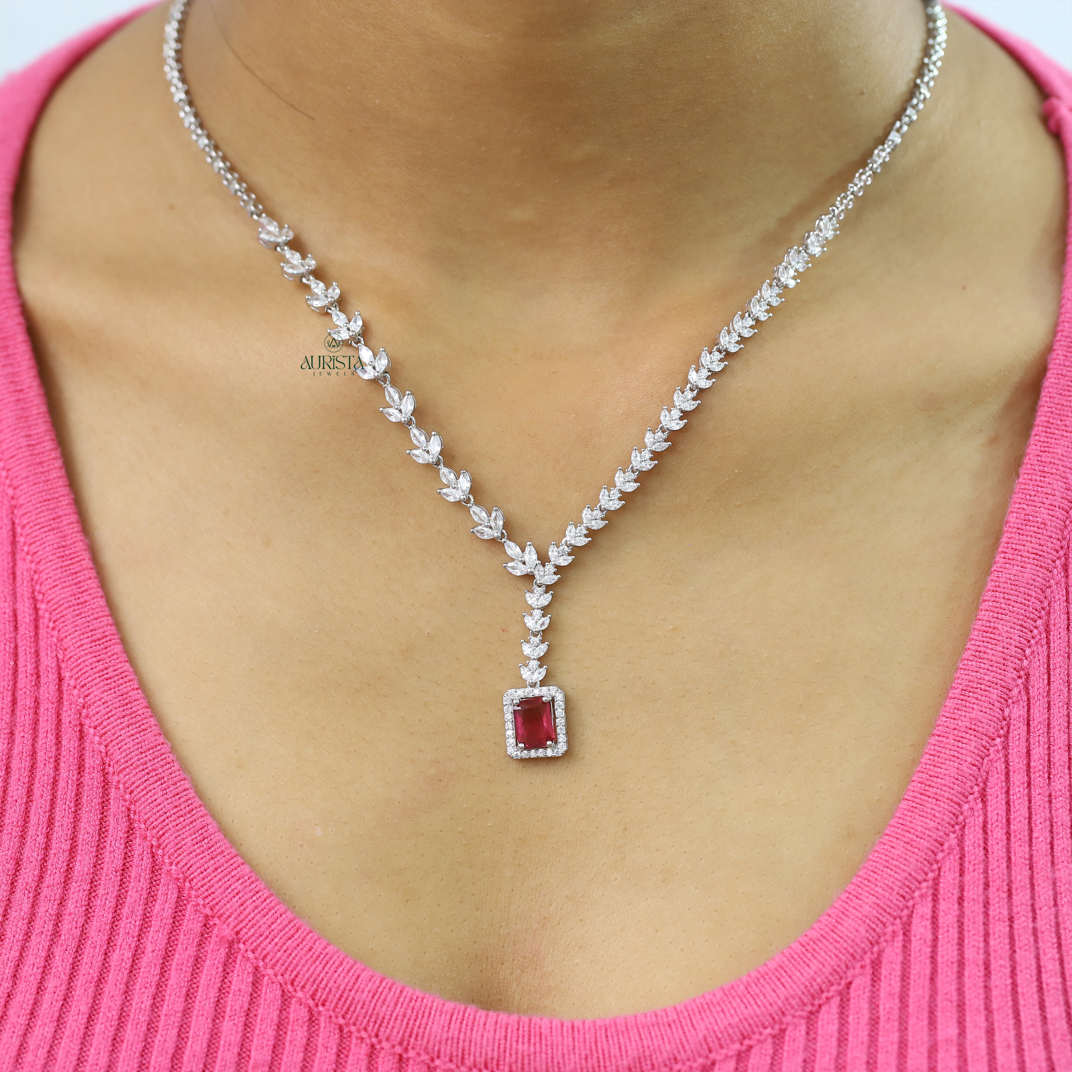 Red Emerald Cut Necklace Marquise Moissanite Pendant Bridal Jewelry Gift For Her