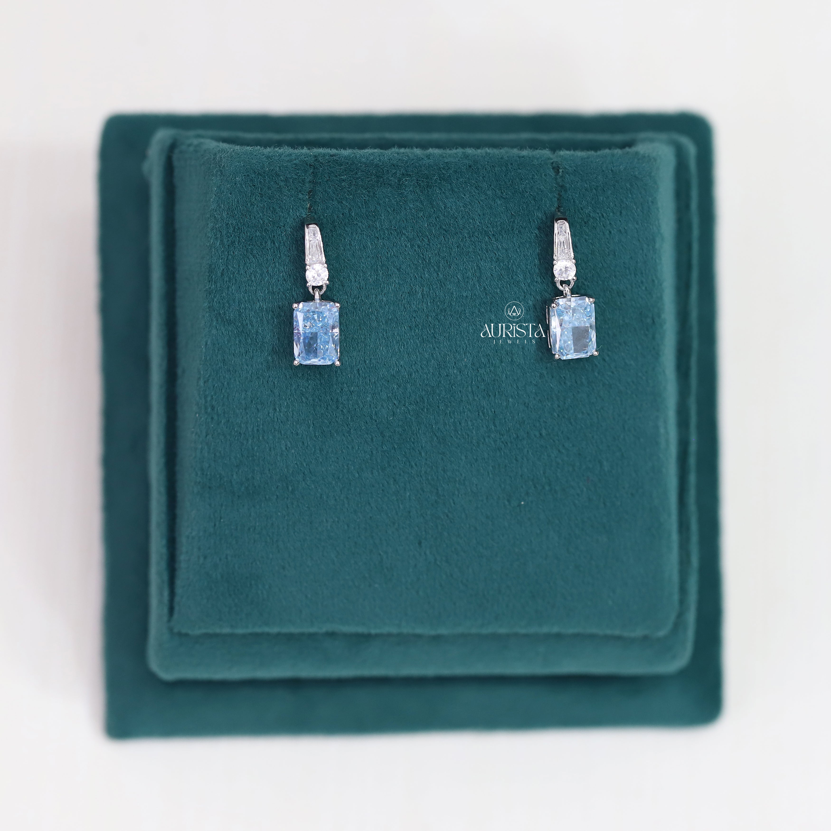 Blue Radiant Cut Moissanite Drop Earrings, Minimalist Dangle Earrings, Silver Jewelry