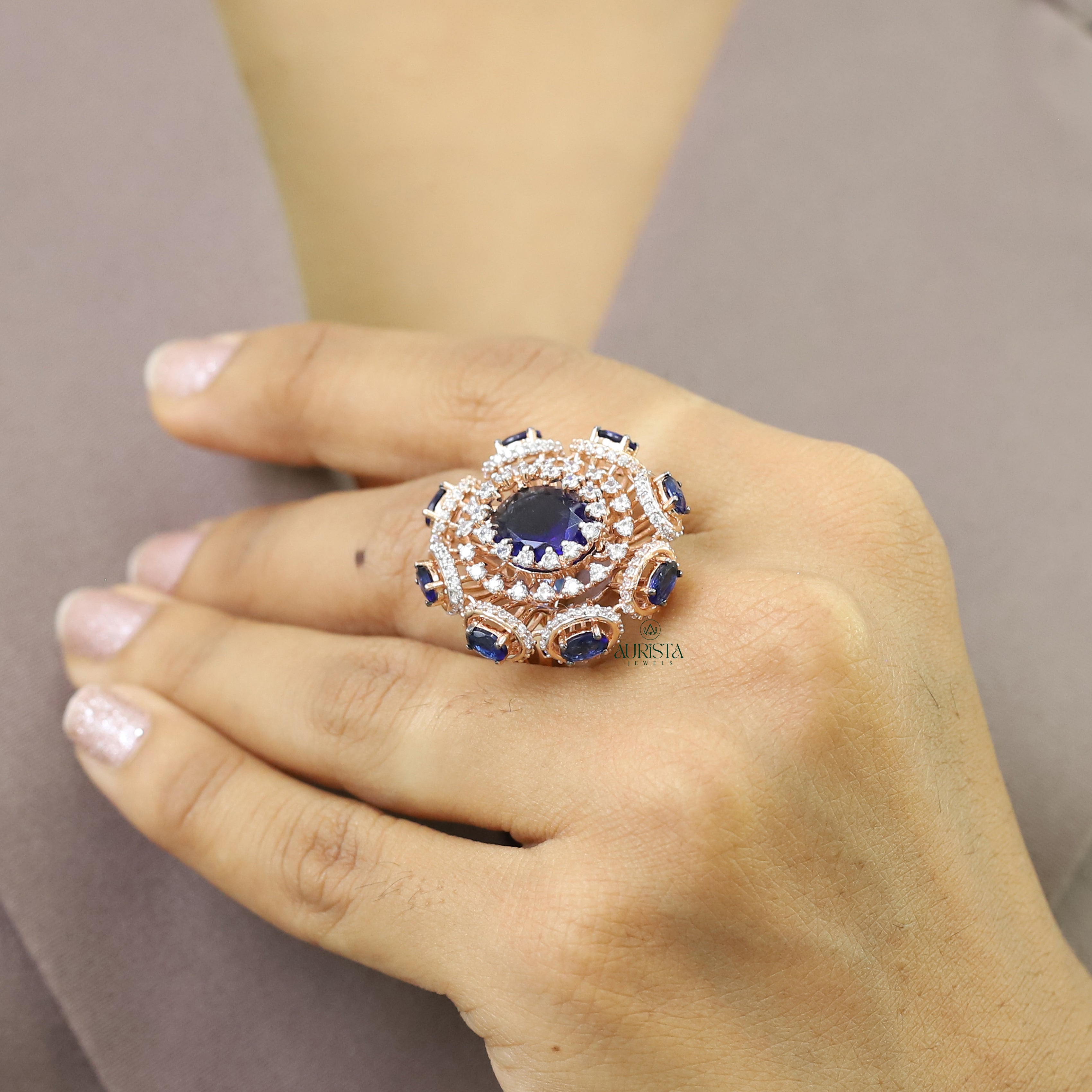 Oval Blue Stone Cluster Ring Rose Gold Moissanite Statement Cocktail Band Luxury