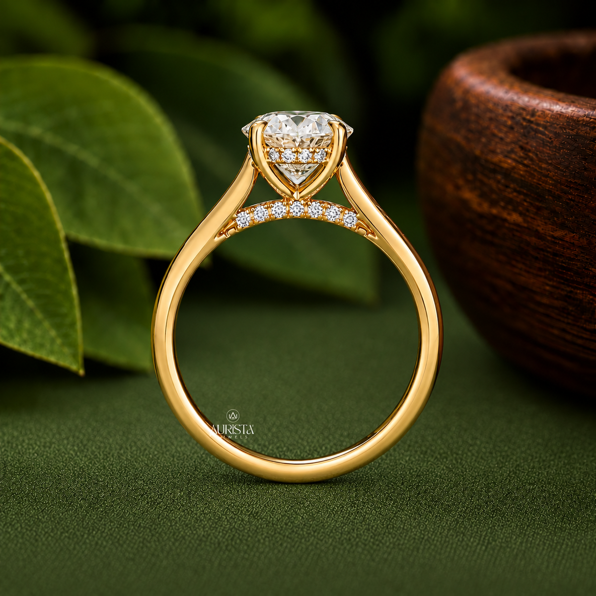2CT Oval Lab Grown Diamond Engagement Ring, 14k Yellow Gold Hidden Halo Solitaire