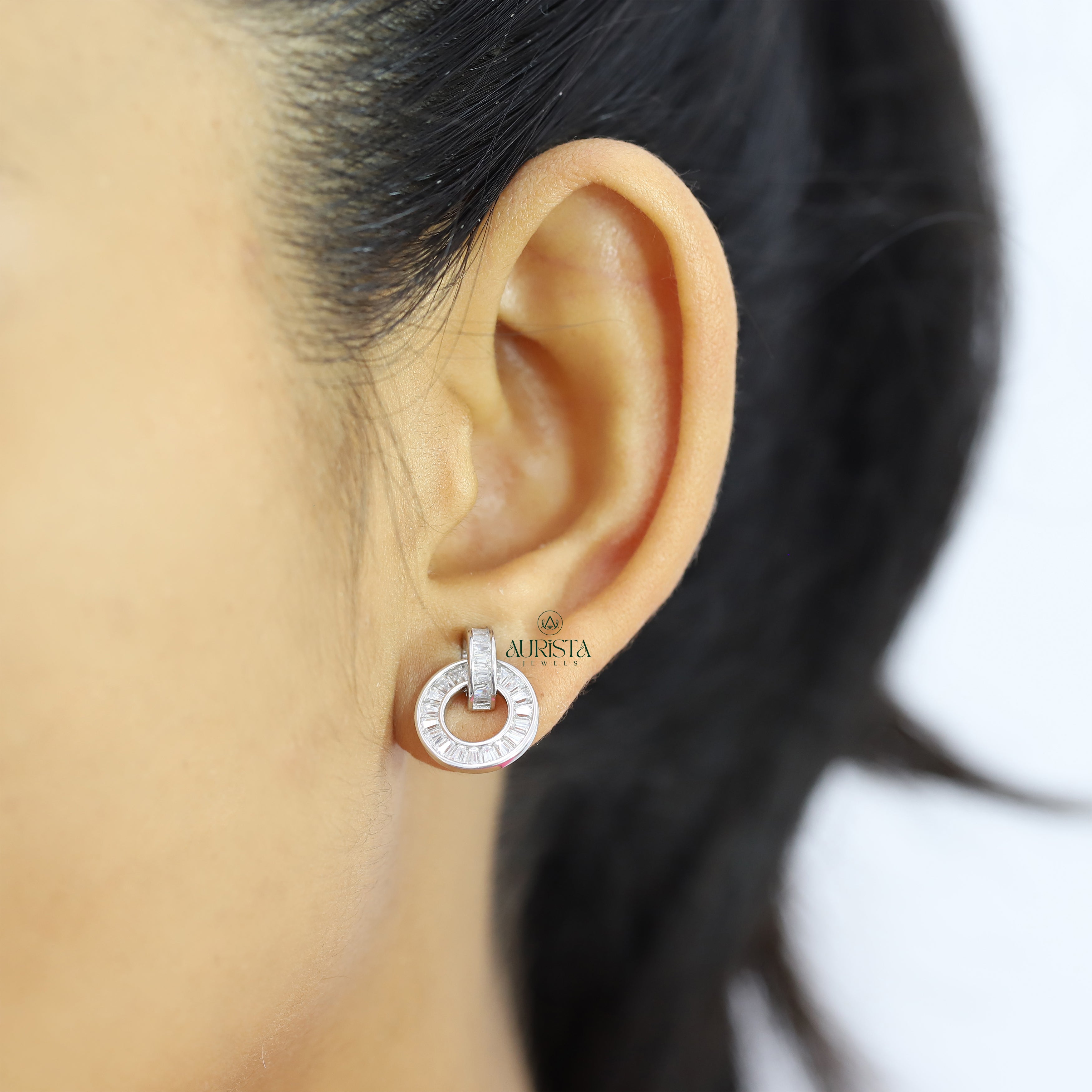 Baguette Cut Moissanite Circle Drop Earrings, Minimalist Round Hoop Dangle Jewelry Gift