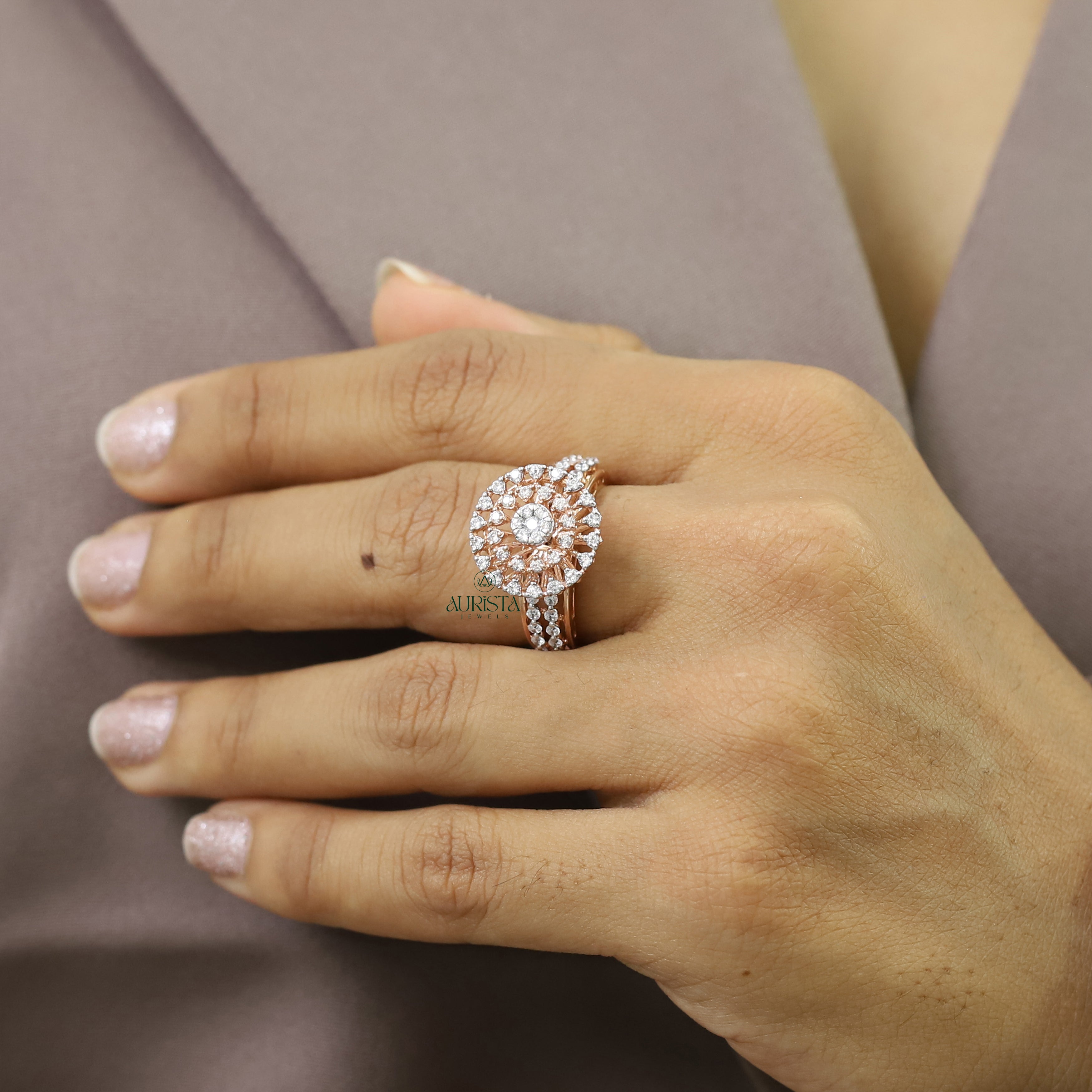 Round Cluster Moissanite Ring Rose Gold Halo Engagement Ring Luxury Statement Ring