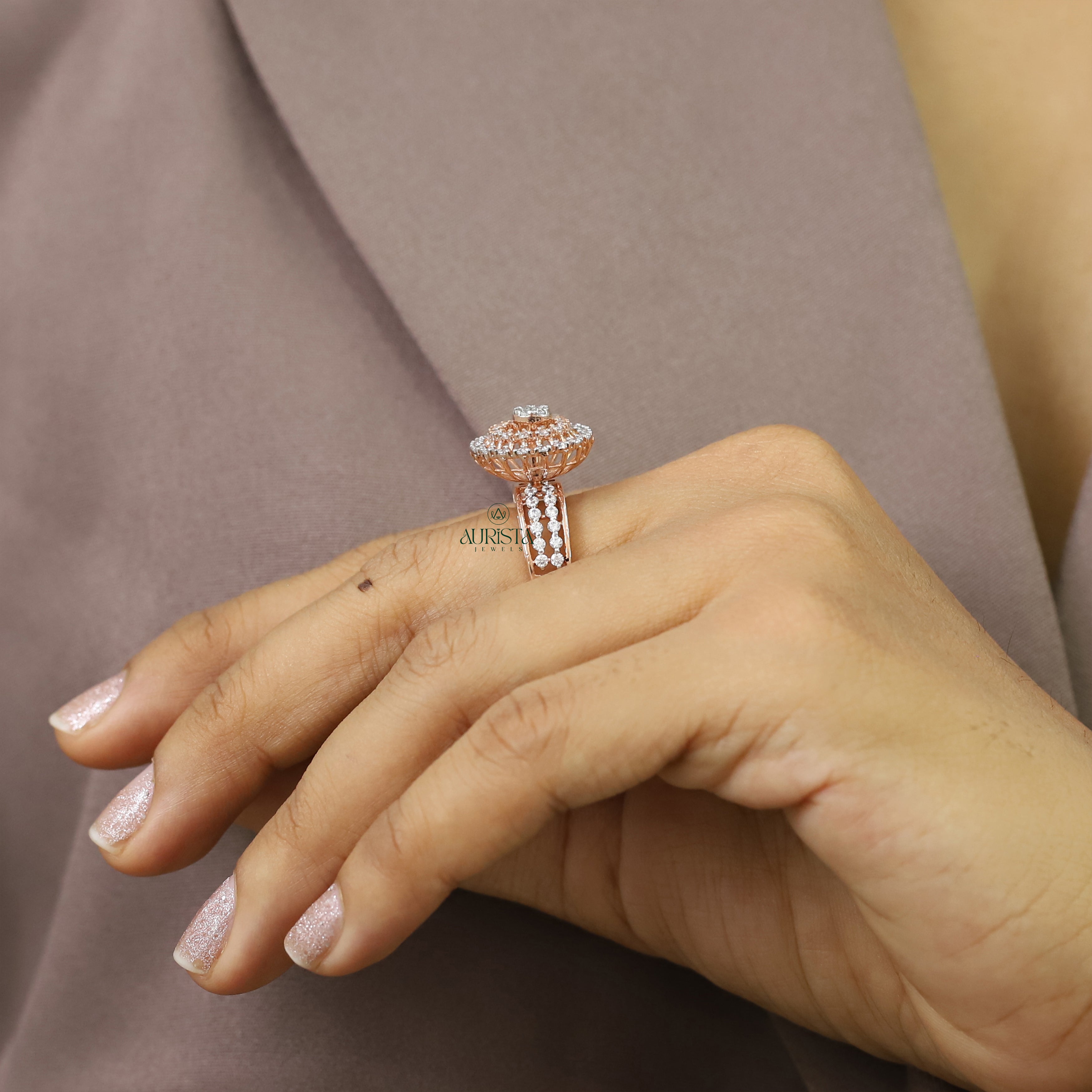 Round Cluster Moissanite Ring Rose Gold Halo Engagement Ring Luxury Statement Ring