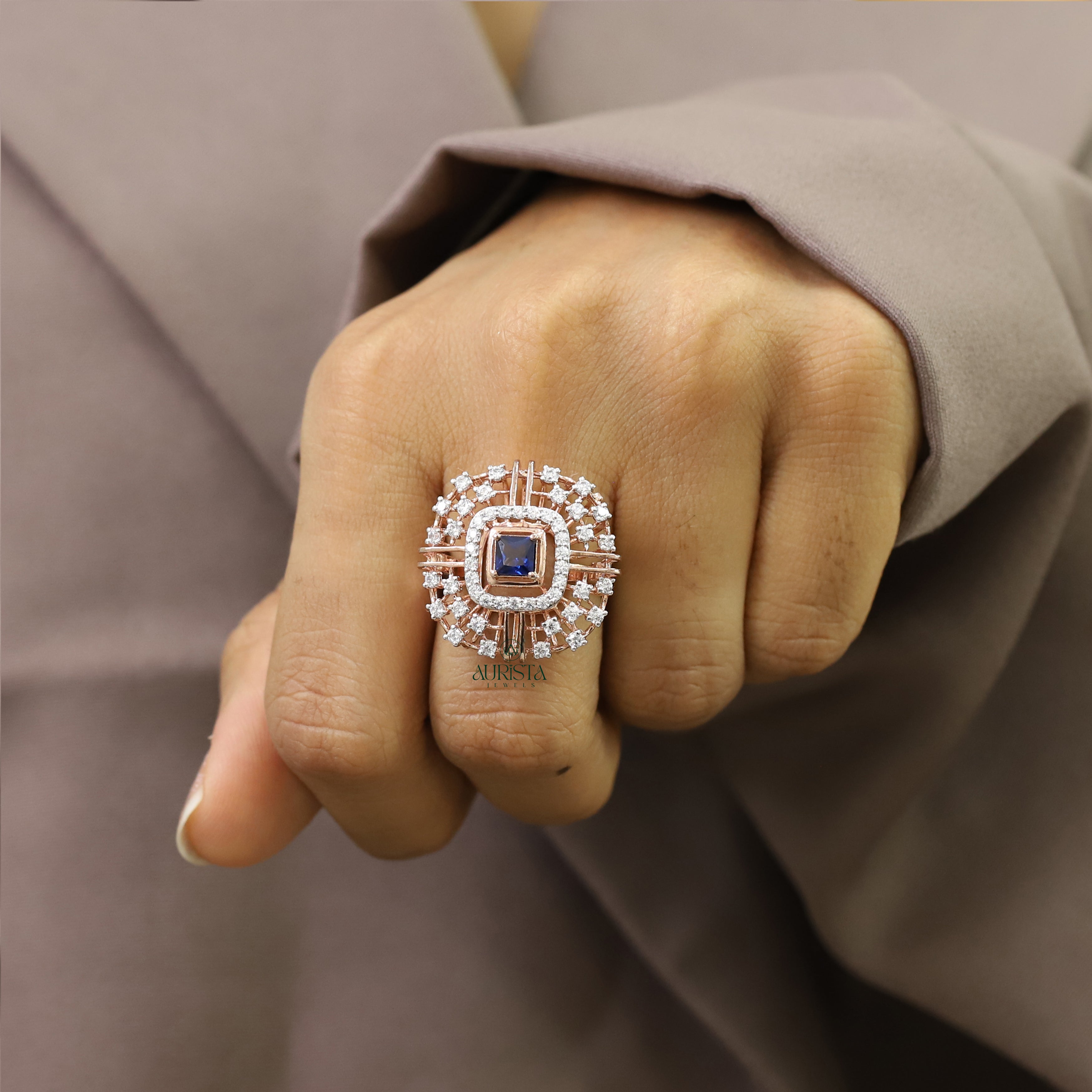 Princess Cut Sapphire & Moissanite Halo Ring, Rose Gold Cluster Statement Ring, Gift