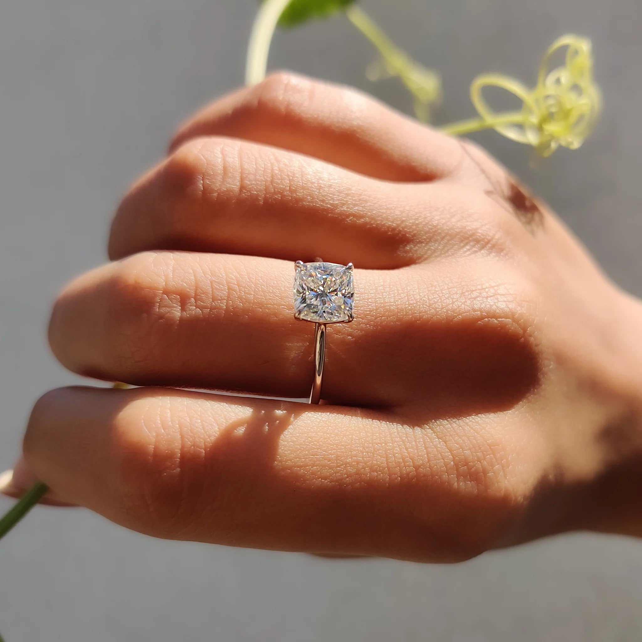 Cushion Cut Moissanite Solitaire Engagement Ring in Polished White Gold Minimalist Band