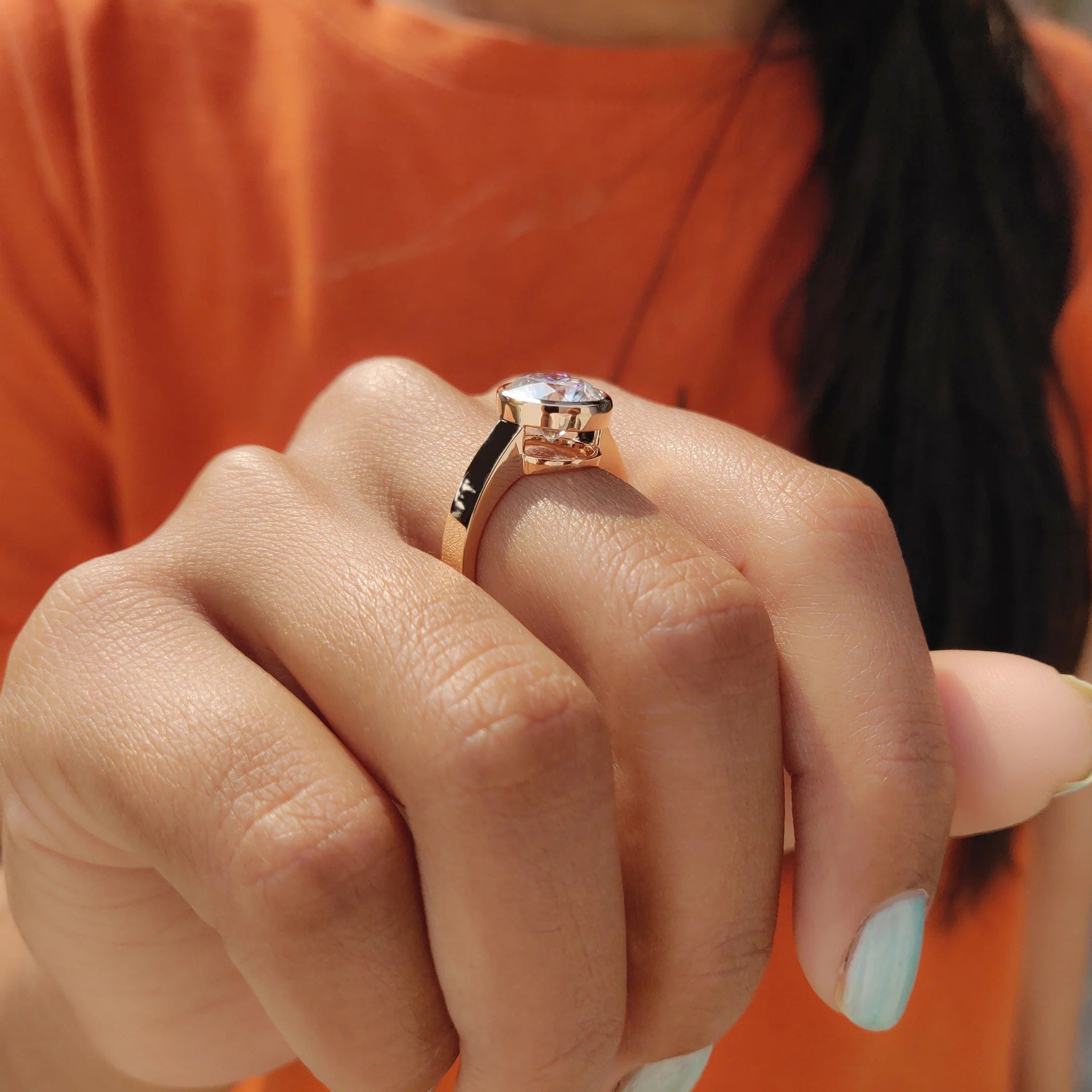 Round Cut Moissanite Bezel Set Solitaire Engagement Ring in Rose Gold Minimalist Band