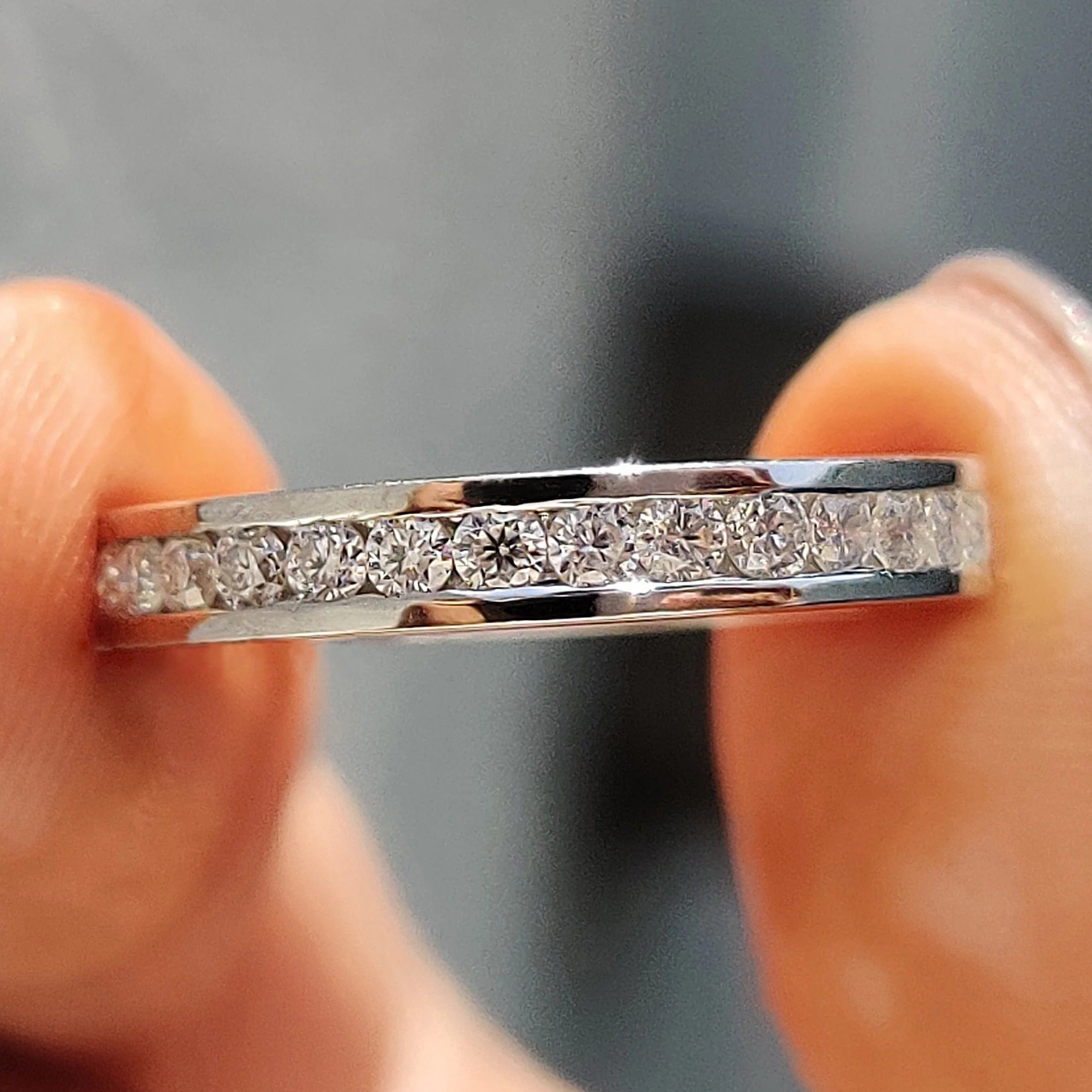 Moissanite Diamond Channel Set Eternity Band Minimalist Stackable Ring White Gold