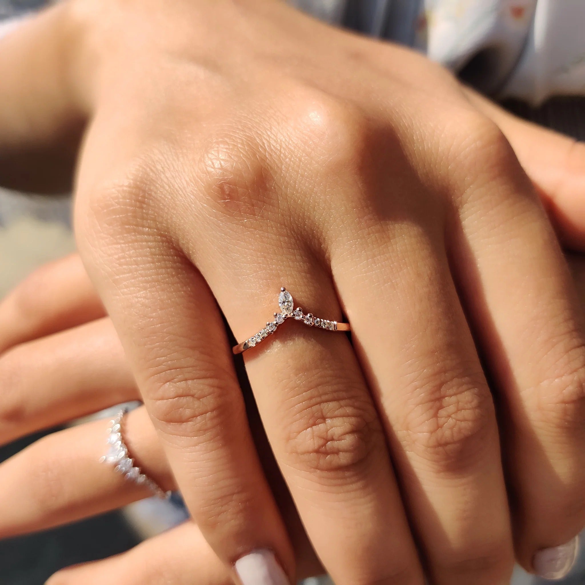 Marquise Moissanite Diamond Contour Band Dainty Rose Gold Stackable Wedding Ring